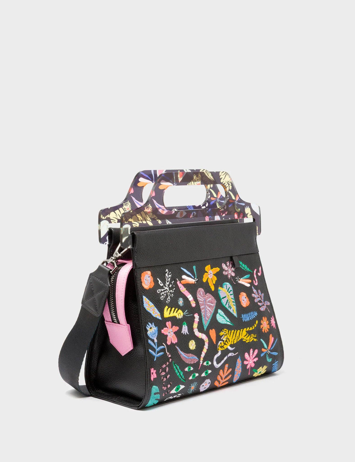 Vali Black Leather Crossbody Handbag Plastic Handle - Midnight Garden Embroidery