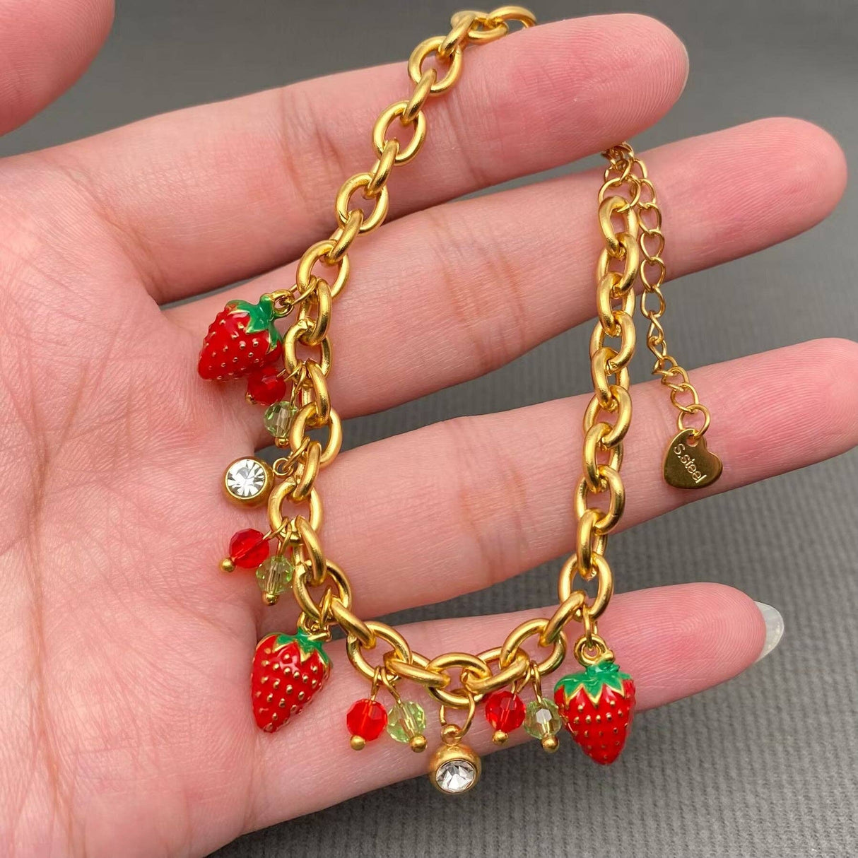 Enamel Strawberry Charm 18K Gold Plated SS Bracelet