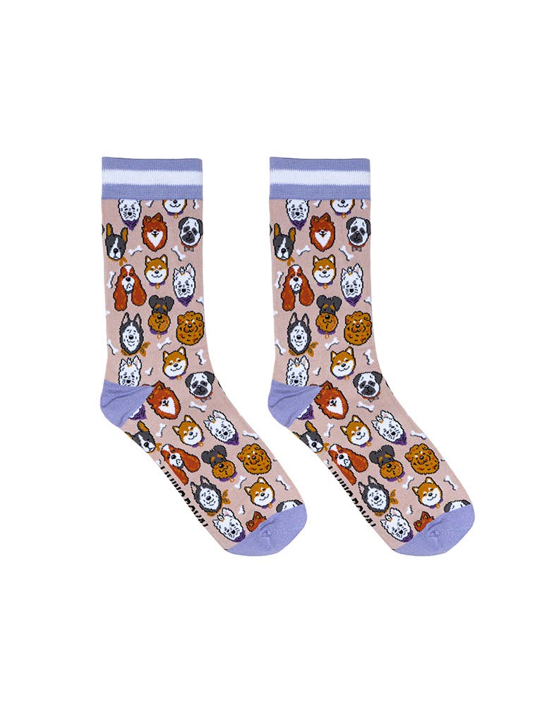Women's Bamboo Crew Socks - Dog Heads - Tan & Purple