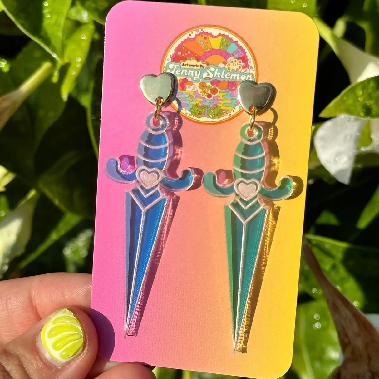 Iridescent Heart Dagger Earrings