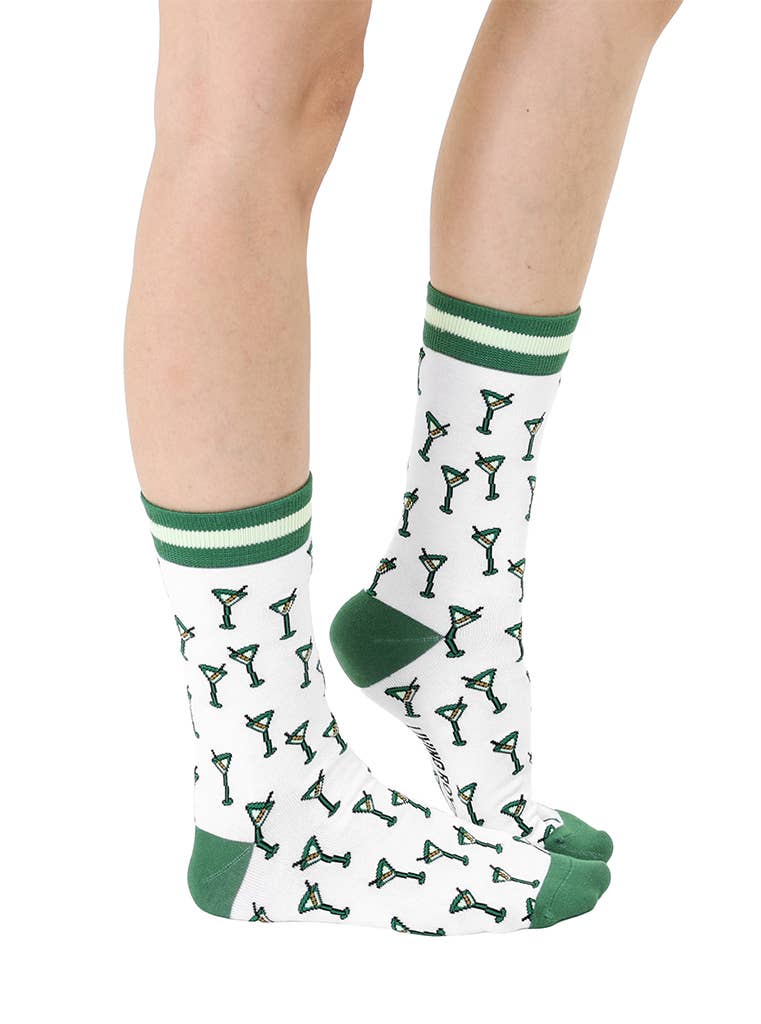 Women's Bamboo Crew Socks - Martini Glasses - Green & White