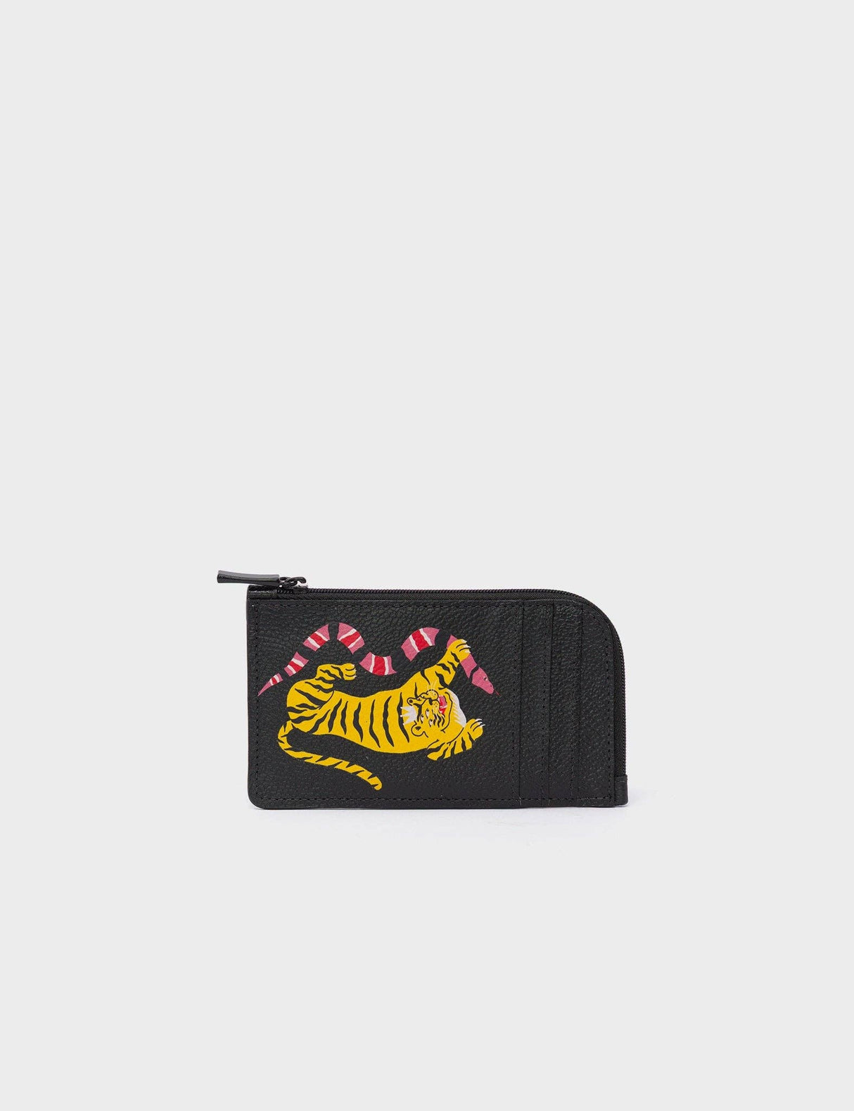 Fausto Black Leather Zip-around Cardholder - Tiger and Snake Design