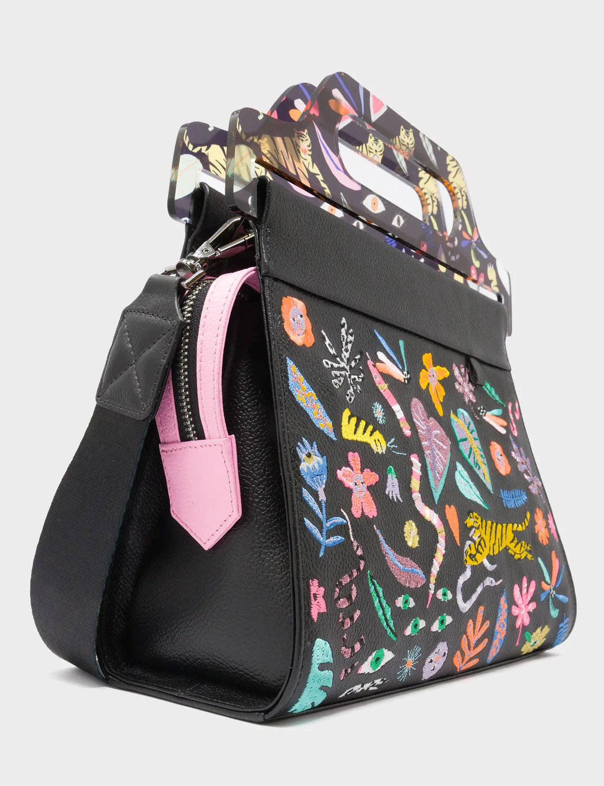 Vali Black Leather Crossbody Handbag Plastic Handle - Midnight Garden Embroidery