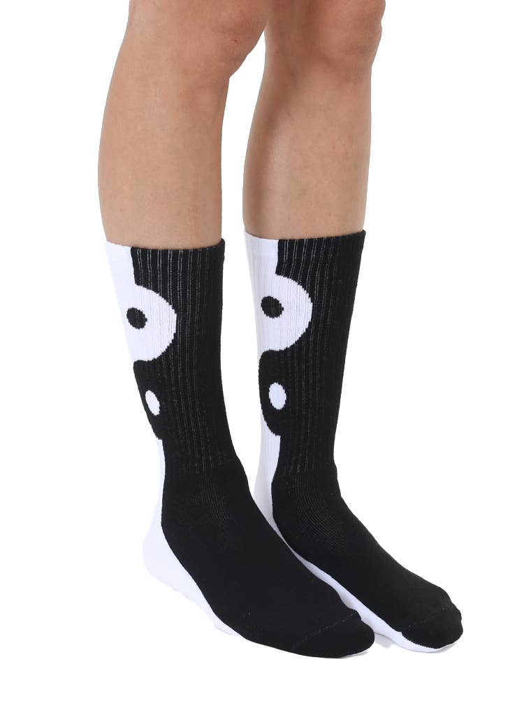 Classic Crew Socks w/ Ribbed Tubing - Yin Yang-Black & White