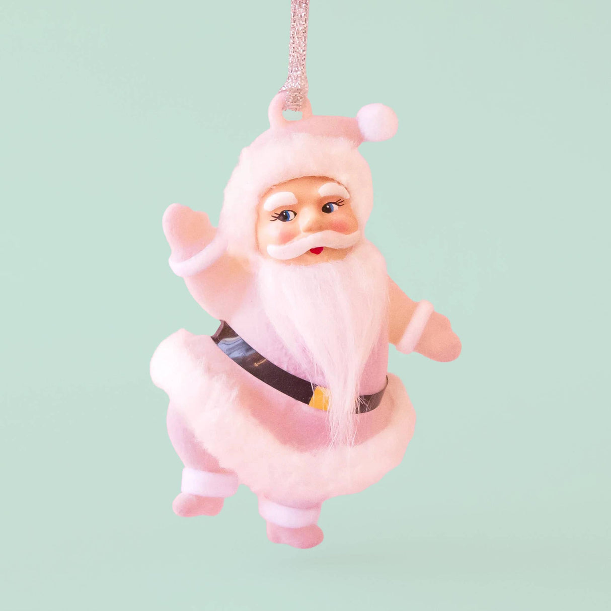 Retro Flocked Dancing Santa Ornament | Light Pink