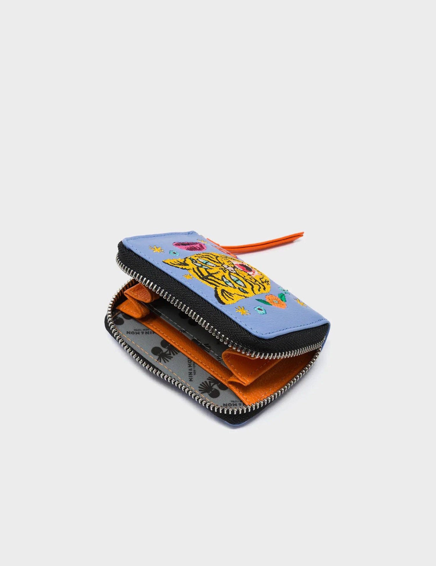 Frodo Vista Blue Leather Zip Around Wallet - Happy Tiger Embroidery