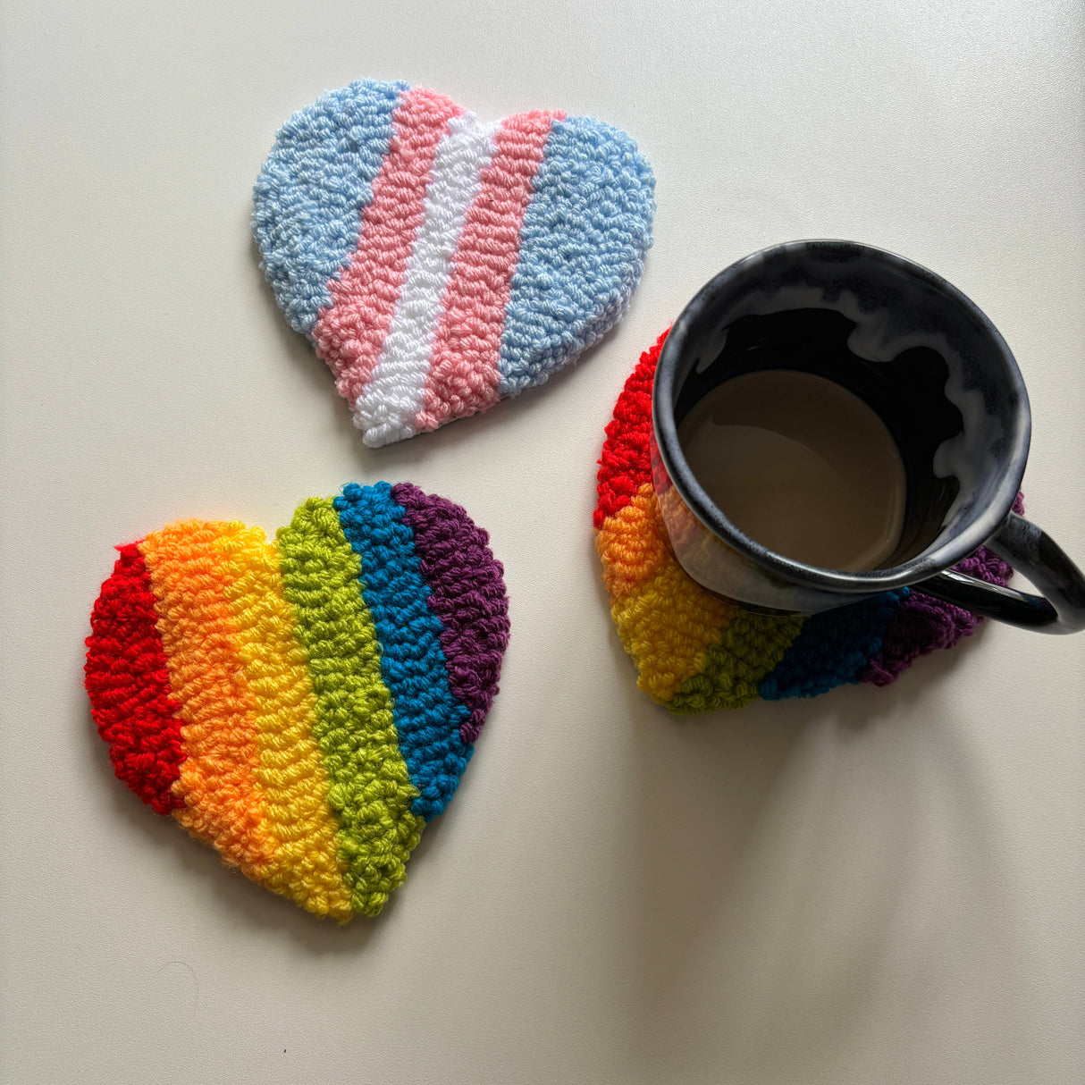Trans Pride Heart Hand-Tufted Punch Needle Mug Rug Coaster