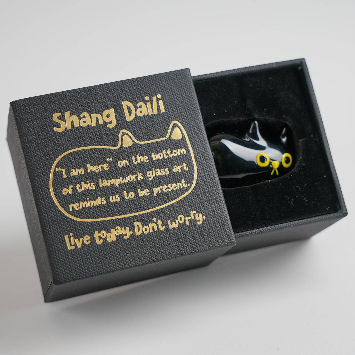 'I am here' handmade Lamp work glass black cat figurine