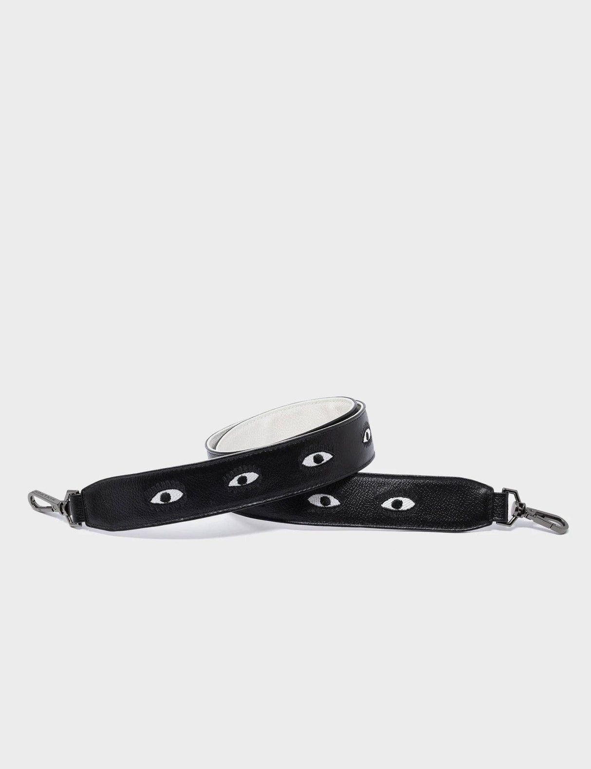 Detachable Black Leather Shoulder Strap All Over Eyes Embroidery