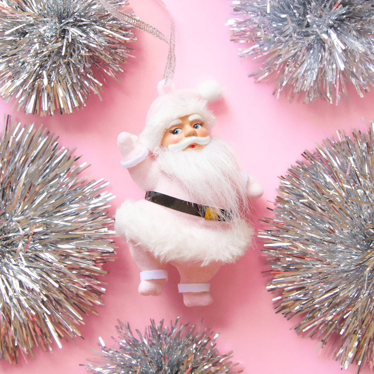 Retro Flocked Dancing Santa Ornament | Light Pink