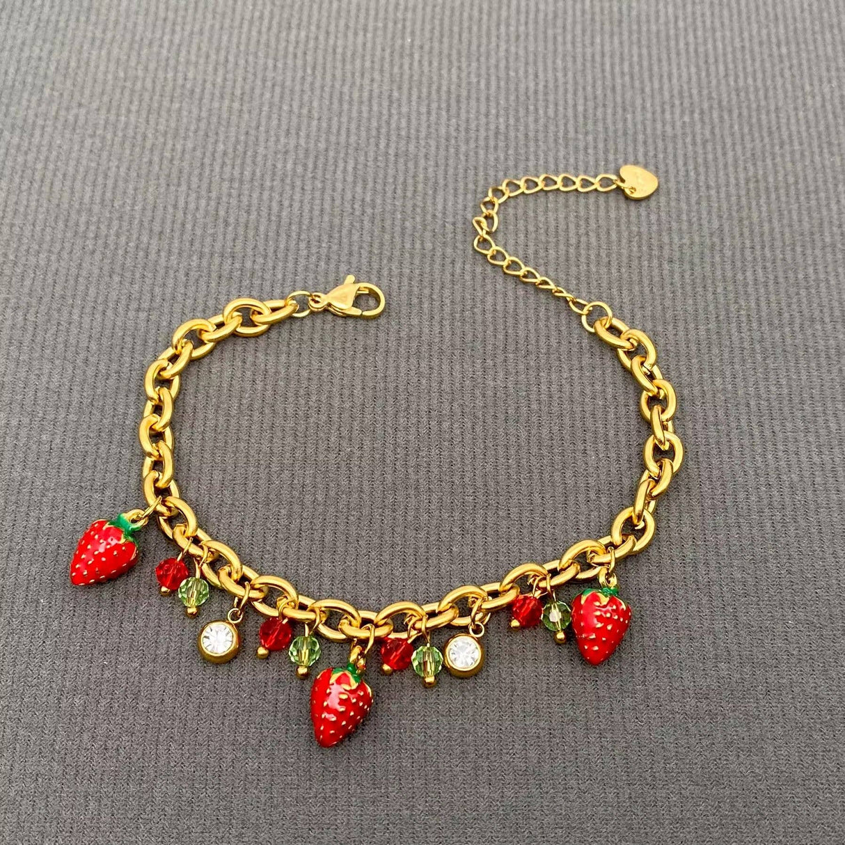 Enamel Strawberry Charm 18K Gold Plated SS Bracelet