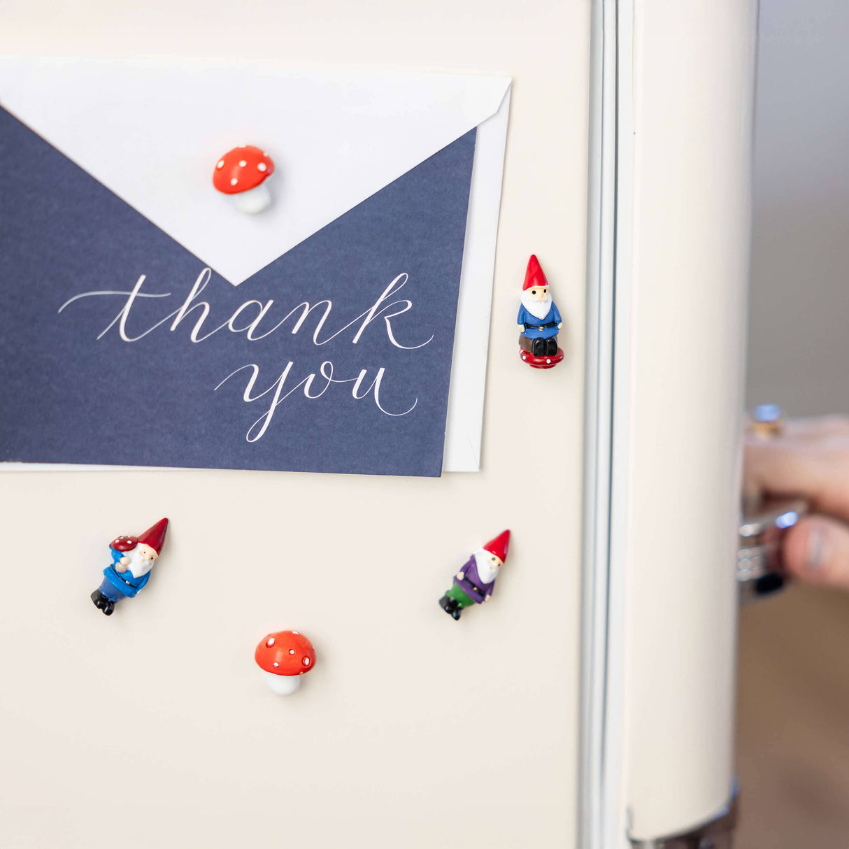 Colorful gnome + mushroom magnets