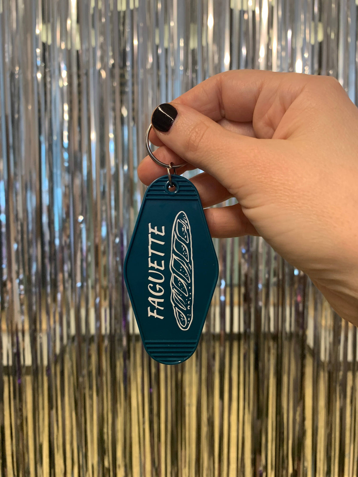 Faguette Gay Pride Motel Keychain with Baguette Bread Motif