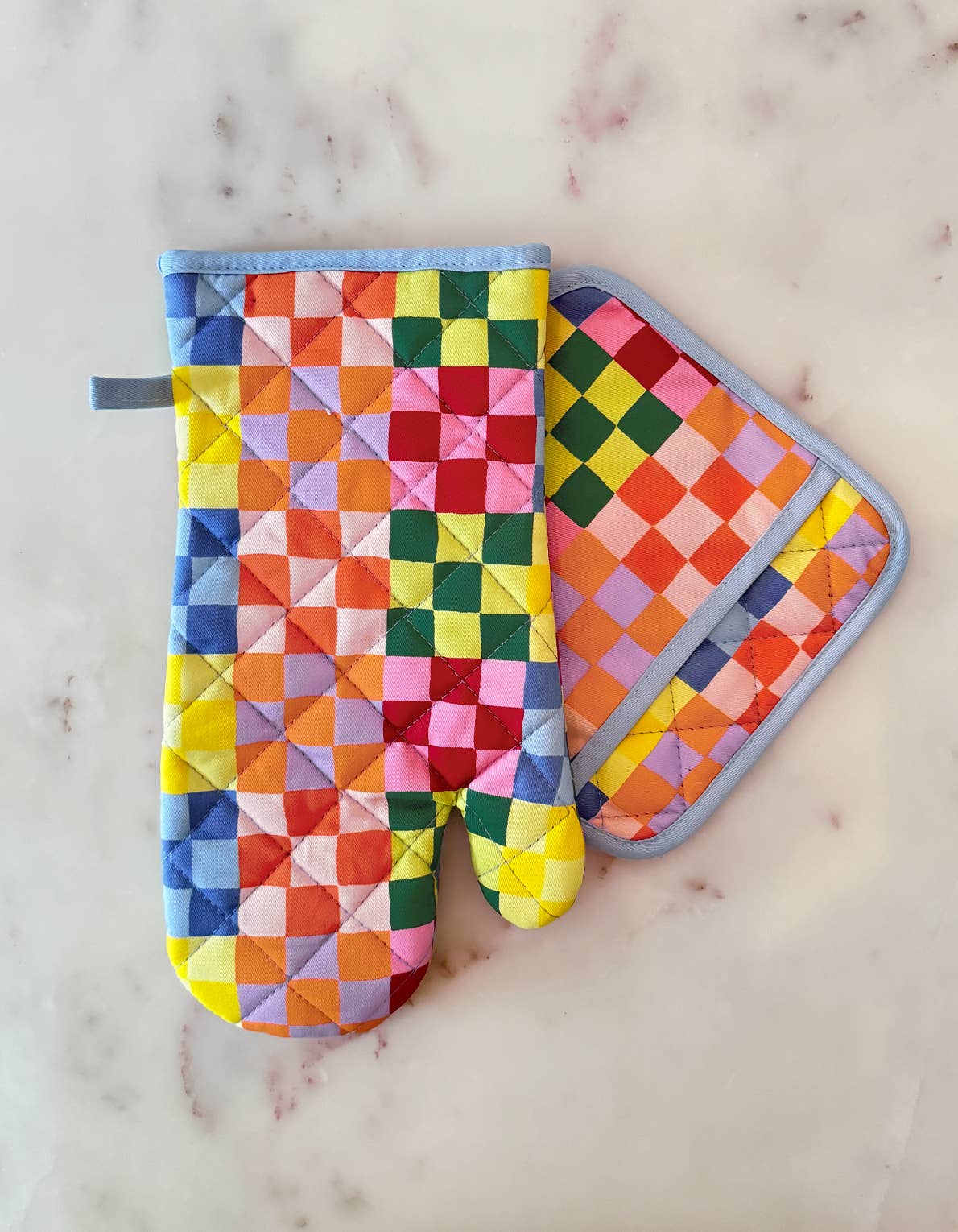 Rainbow Check Cotton Oven Mitt + Pot Holder Set