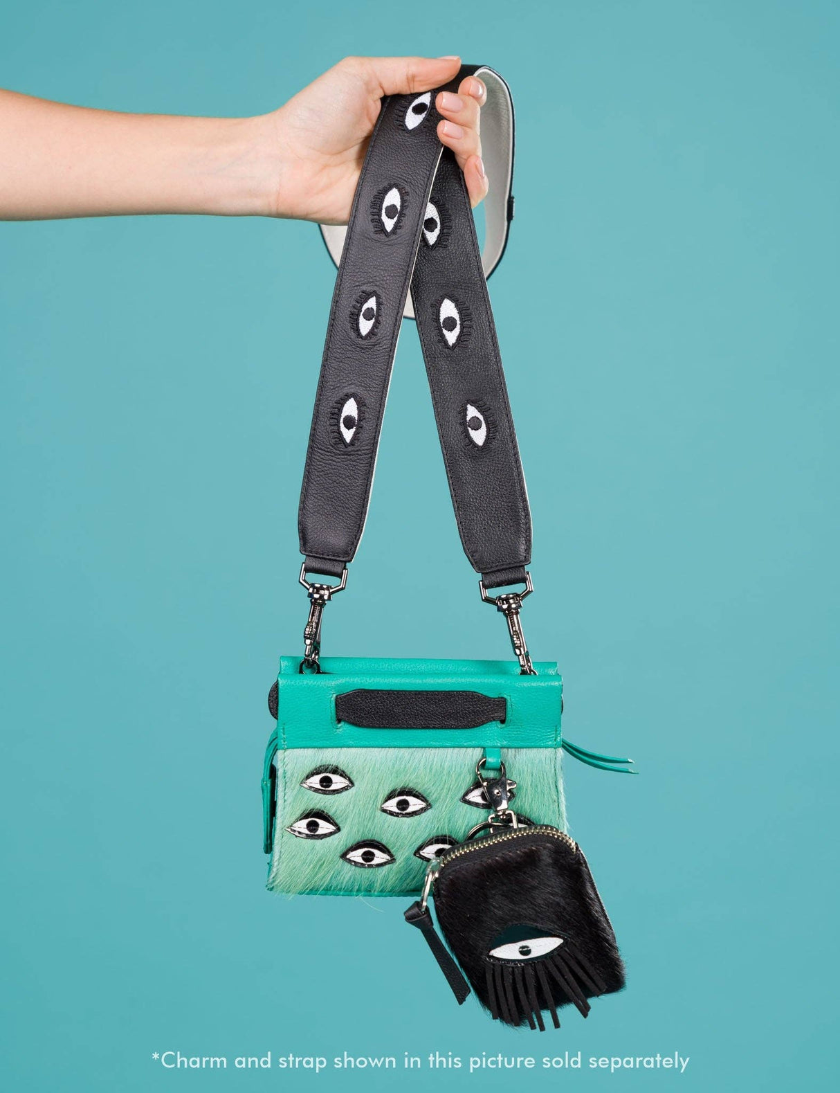 Detachable Black Leather Shoulder Strap All Over Eyes Embroidery