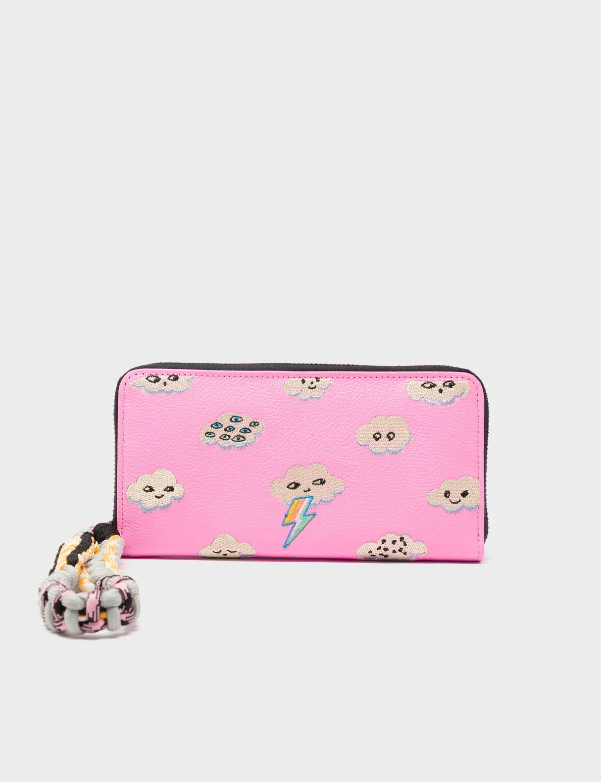 Francis Bubblegum Pink Leather Wallet - Happy Clouds Embroidery