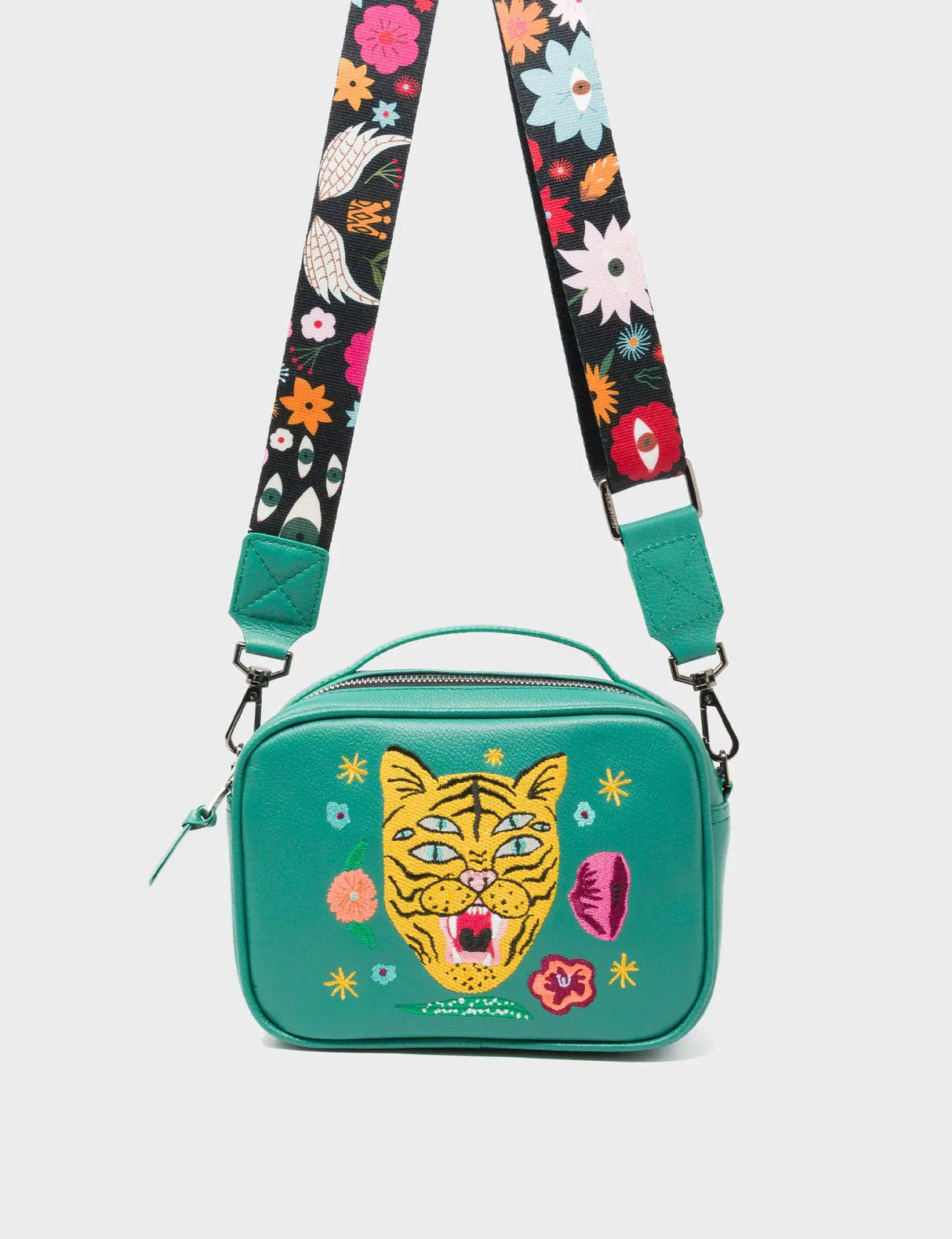 Verto Deep Green Leather Crossbody Bag - Happy Tiger Embroidery