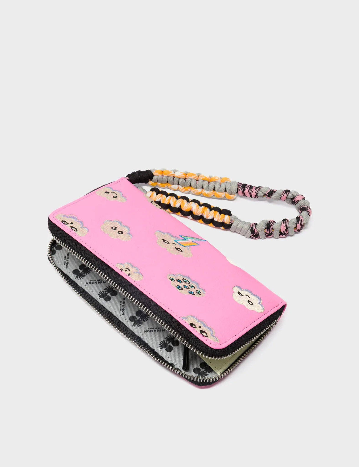 Francis Bubblegum Pink Leather Wallet - Happy Clouds Embroidery