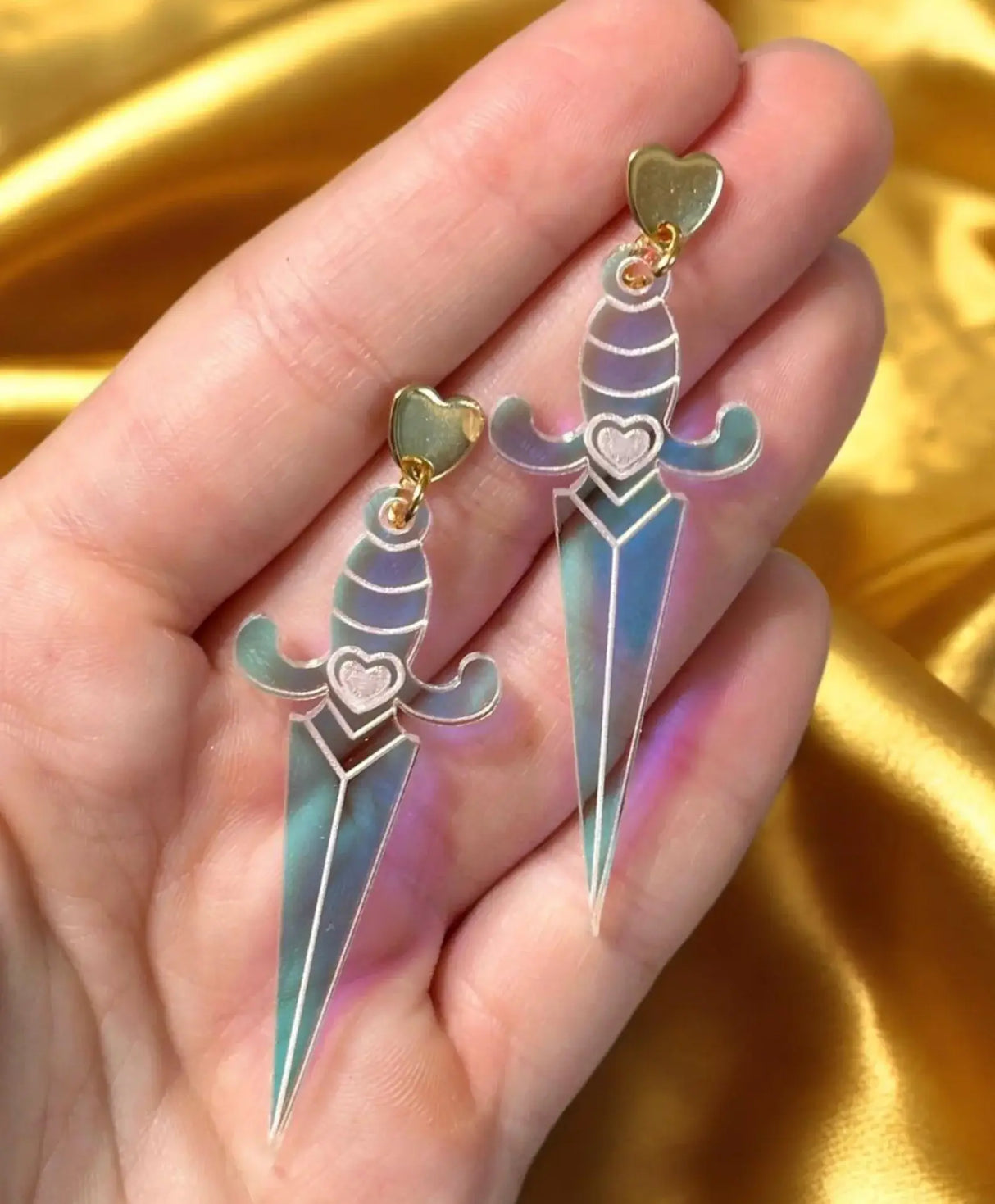 Iridescent Heart Dagger Earrings