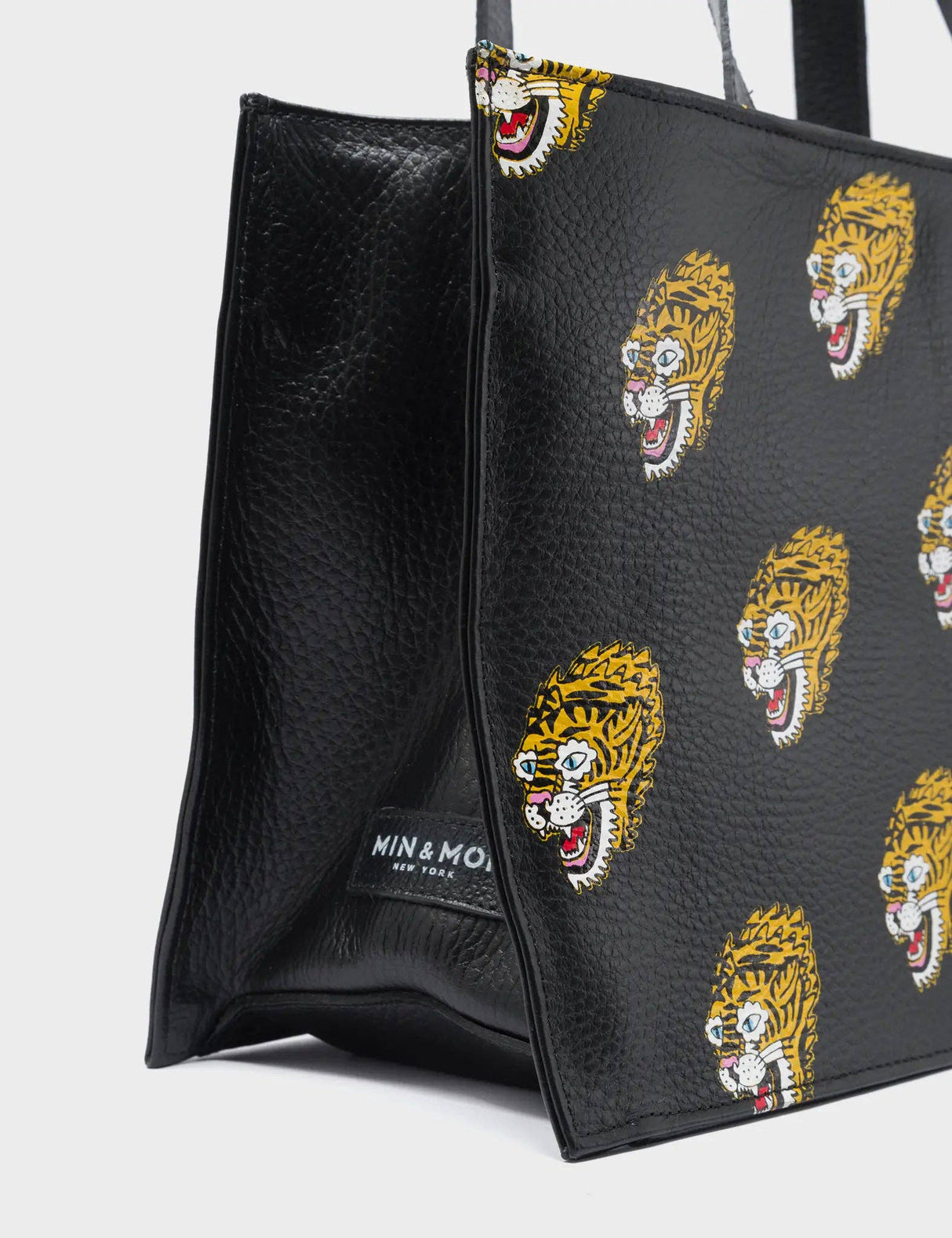Marko Small Black Leather Tote Bag - Blazing Tiger Print