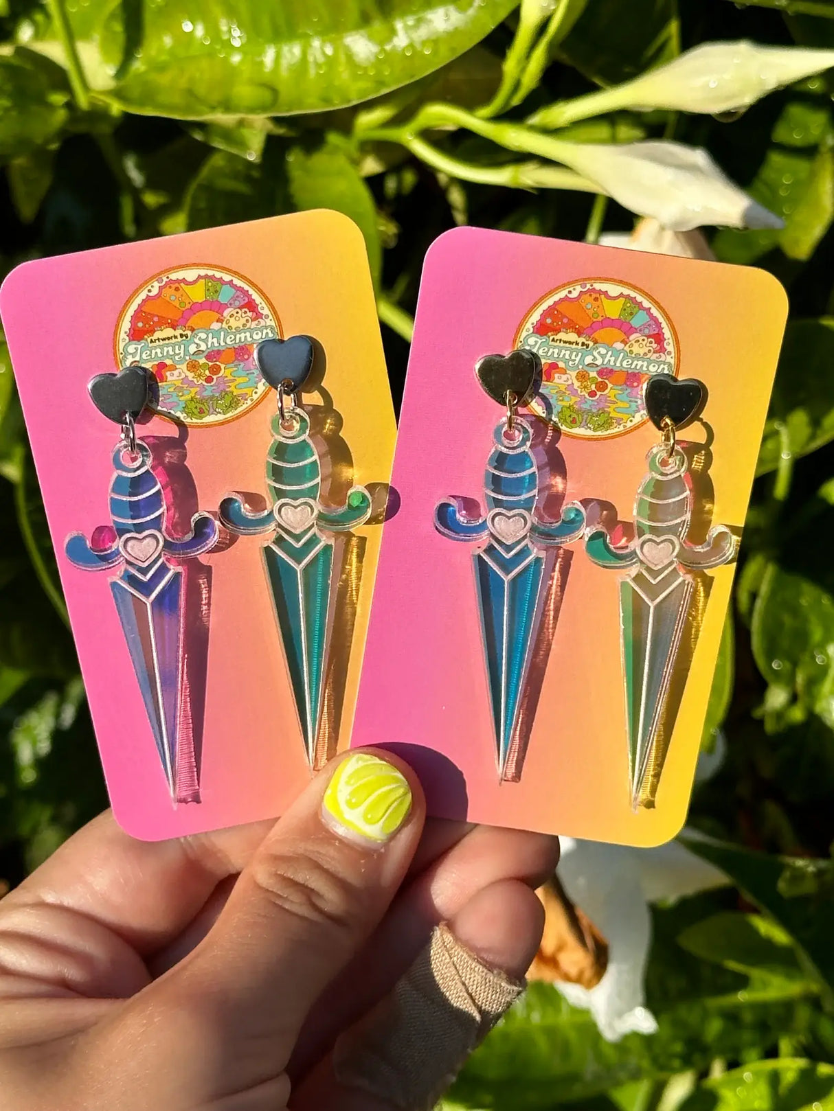 Iridescent Heart Dagger Earrings