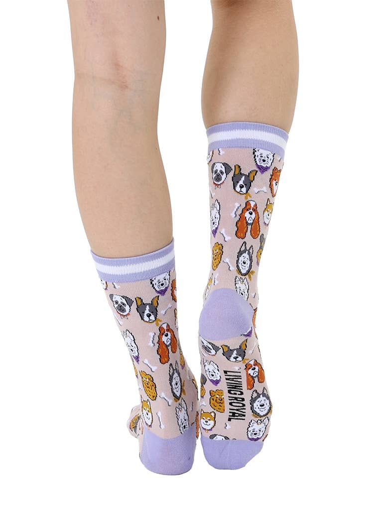 Women's Bamboo Crew Socks - Dog Heads - Tan & Purple