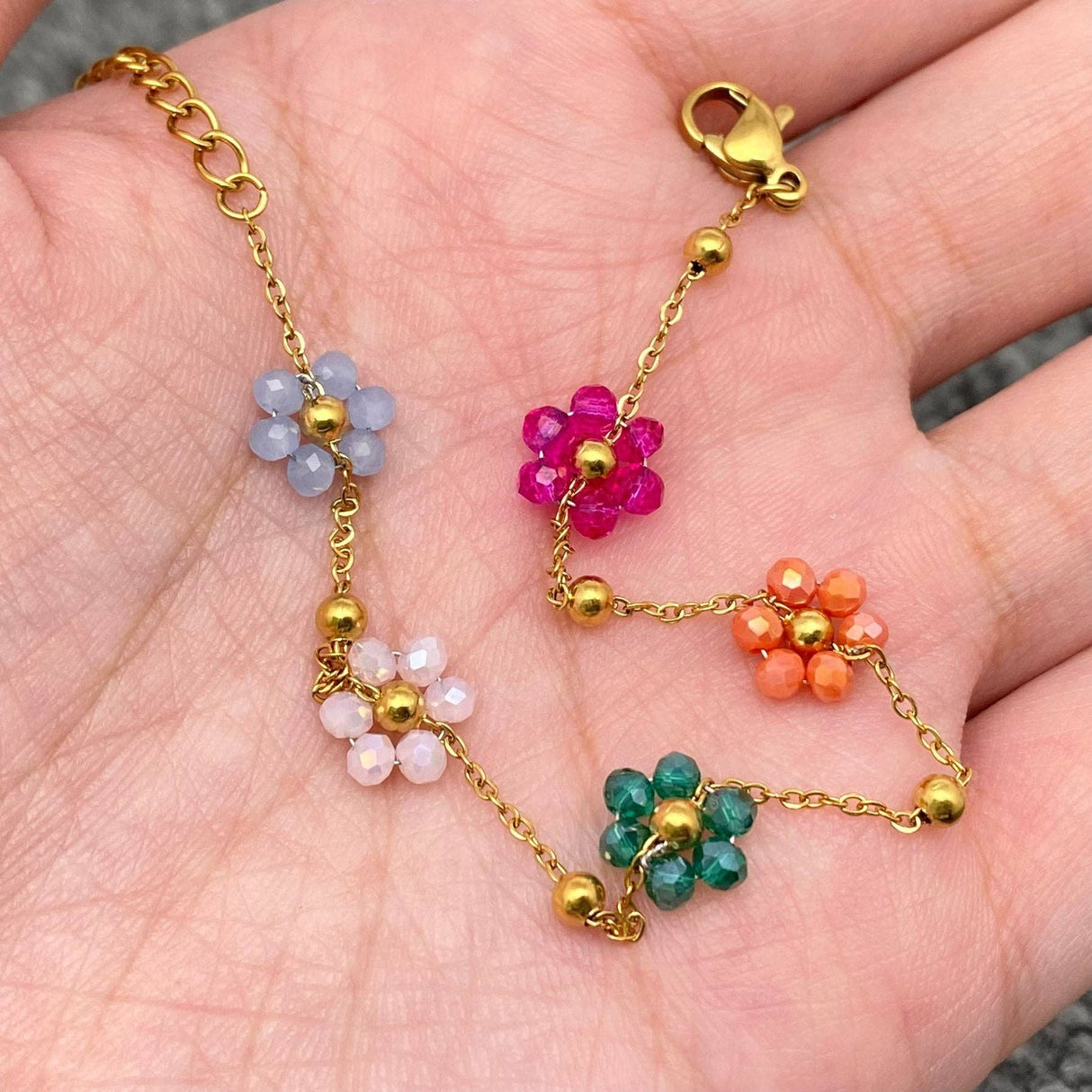 5 Color Glass Beaded Flowers 18K Gold Plated SS Bracelet -FGS