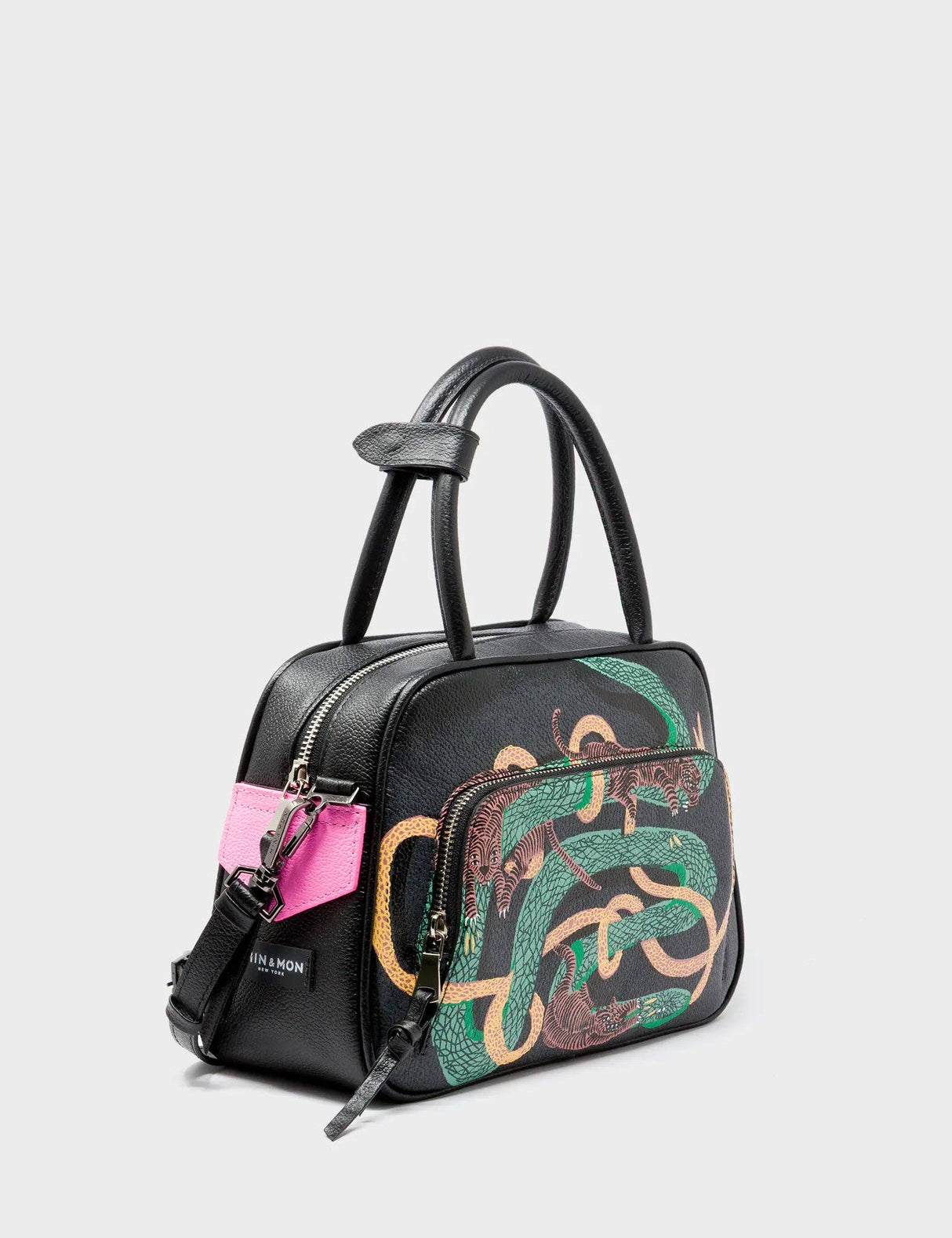 Marino Medium Crossbody Black Leather Bag - Tiger And Snake Print