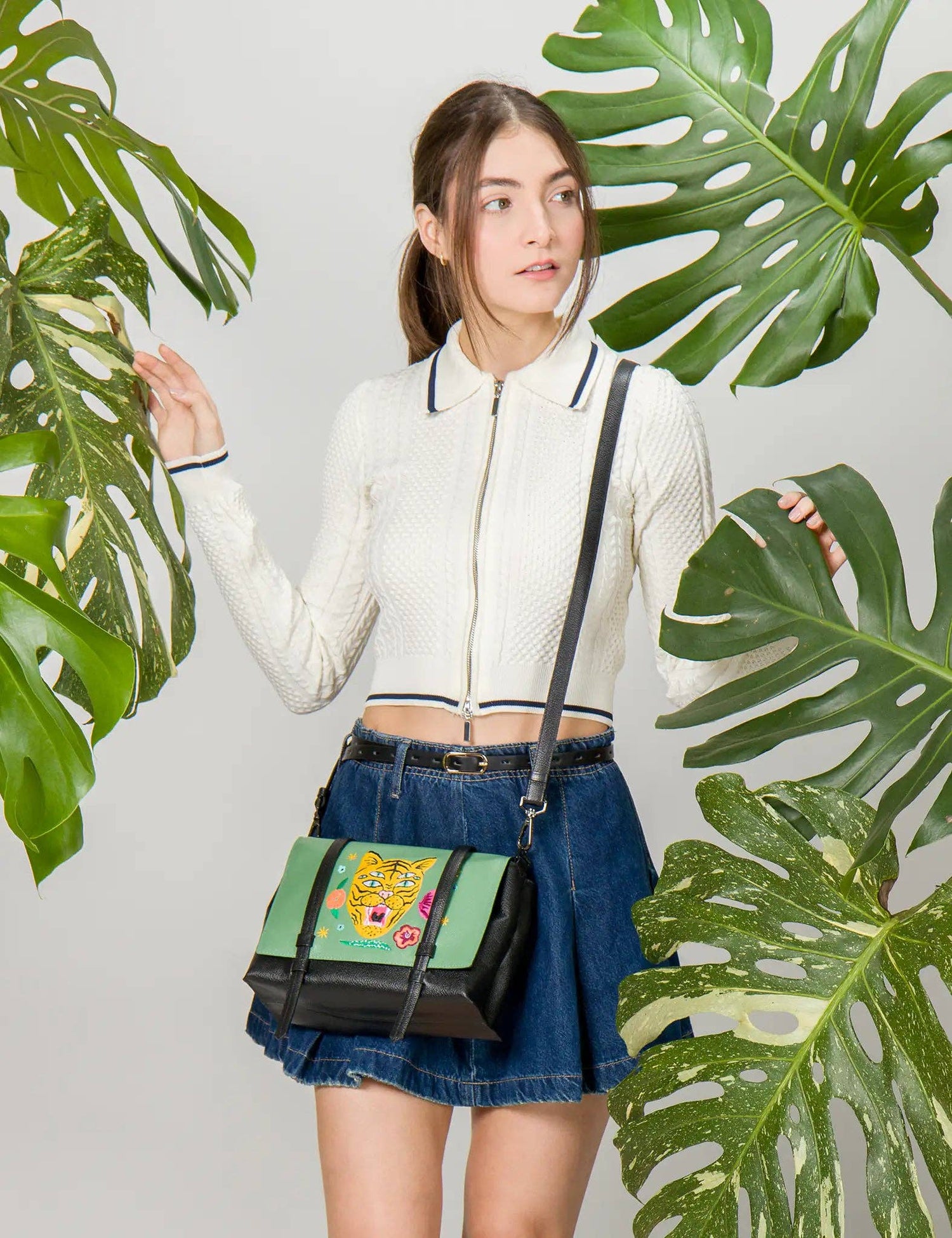 Victor Basil Green Reversible Small Messenger Bag - Happy Tiger Design