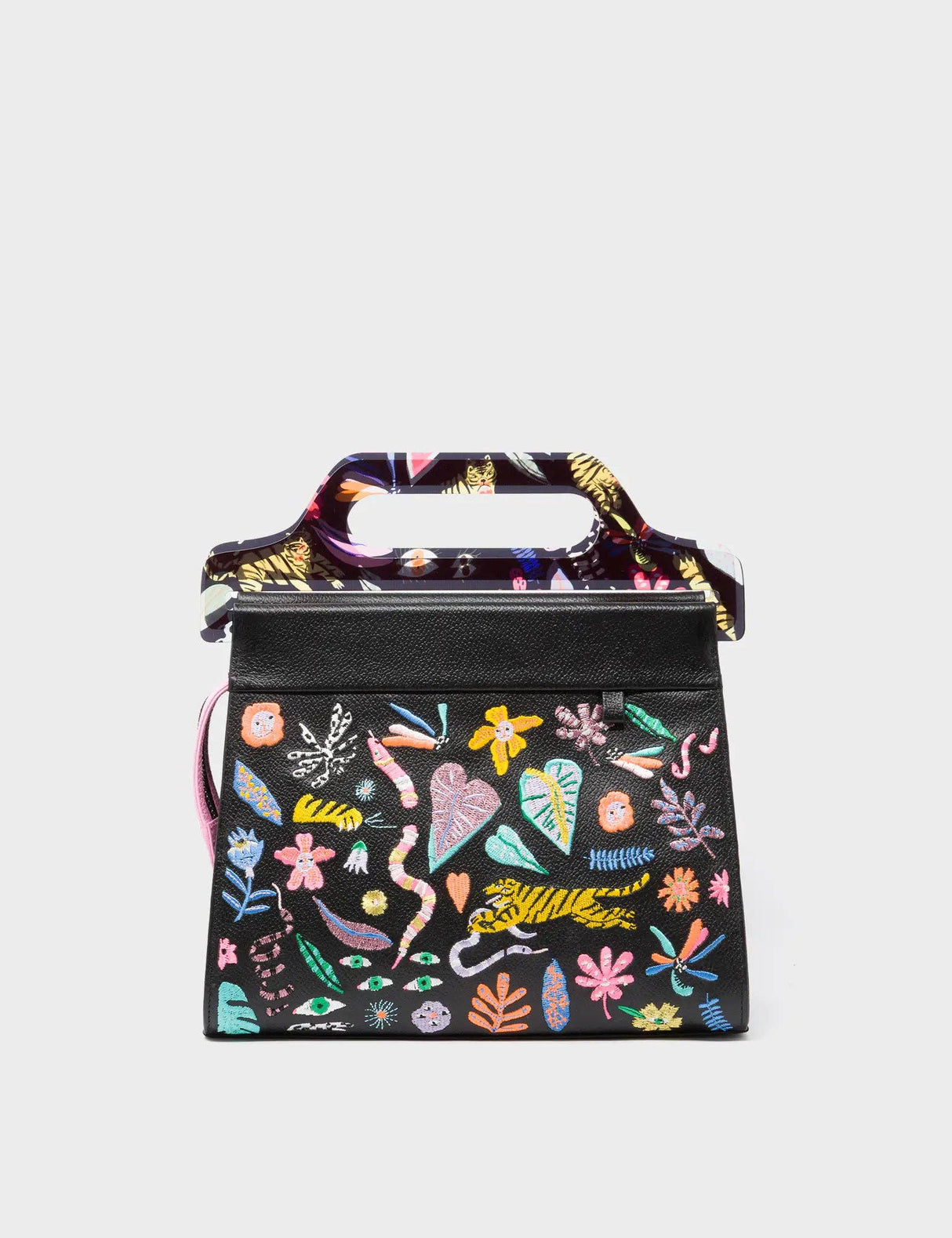 Vali Black Leather Crossbody Handbag Plastic Handle - Midnight Garden Embroidery