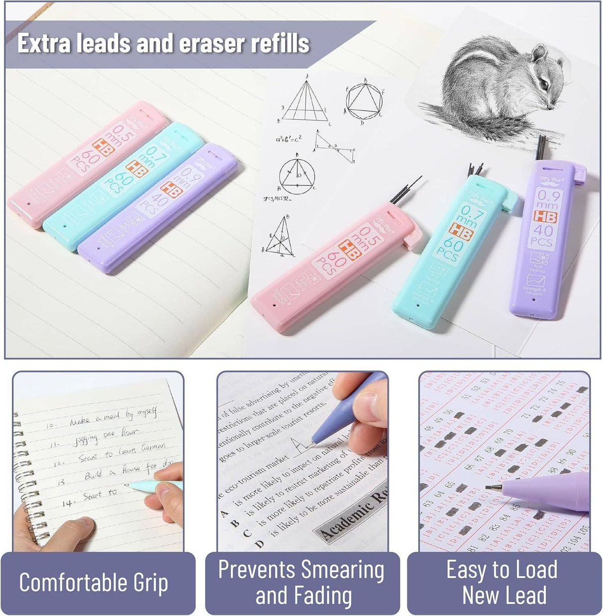 Pastel Mechanical Pencil Set w/ Lead Refills & Erasers, 6 Pack, 3 Sizes, 0.5 0.7 & 0.9mm, Aesthetic Mechanical Pencils Set