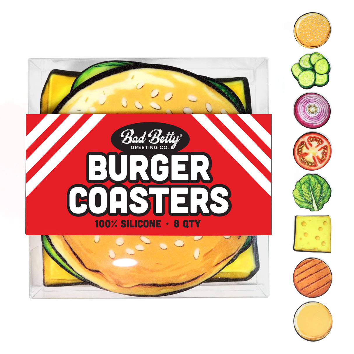 8 pc Burger Coaster Set — Stackable Silicone Drink Coasters