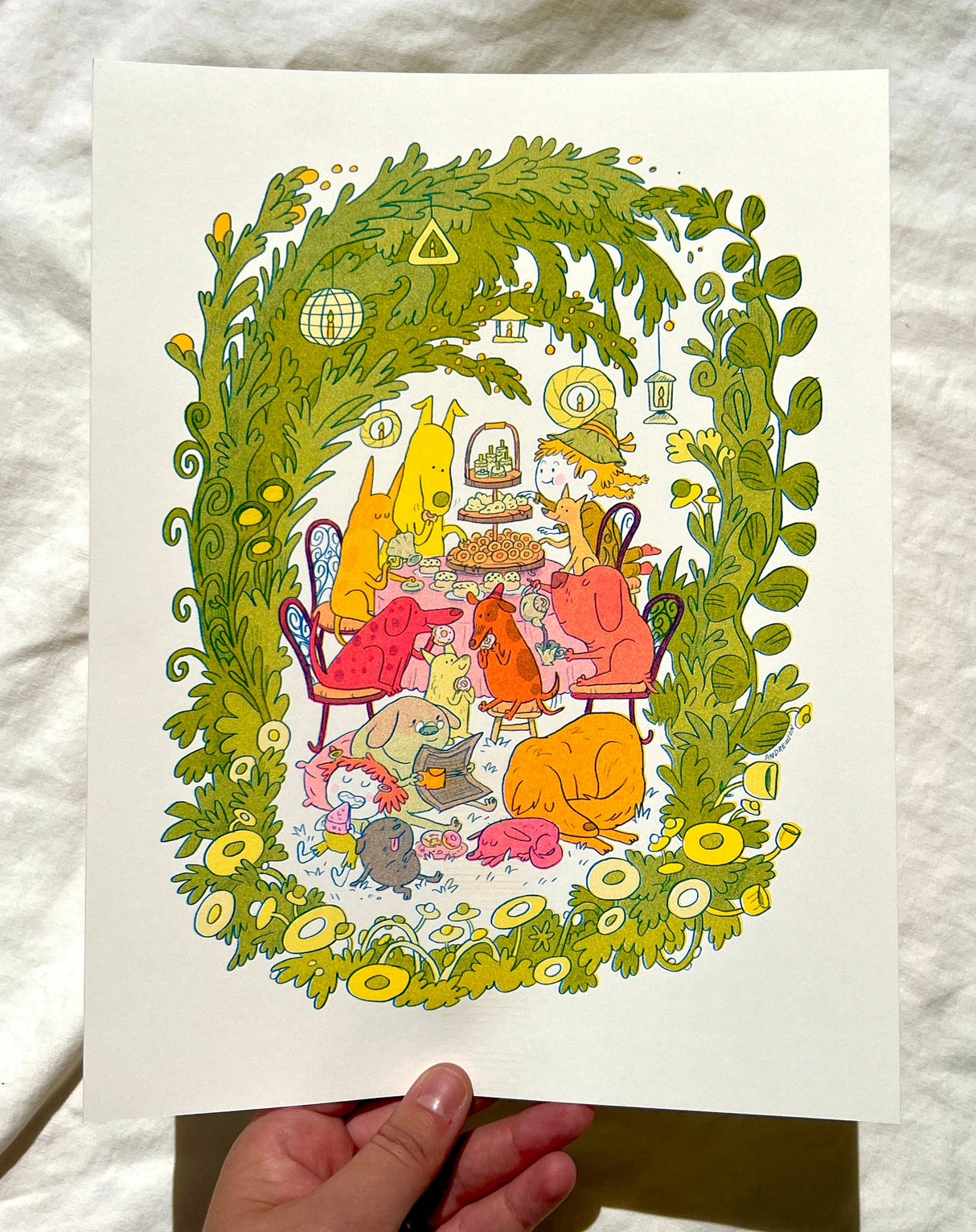 Doggy Tea Party Riso Art Print