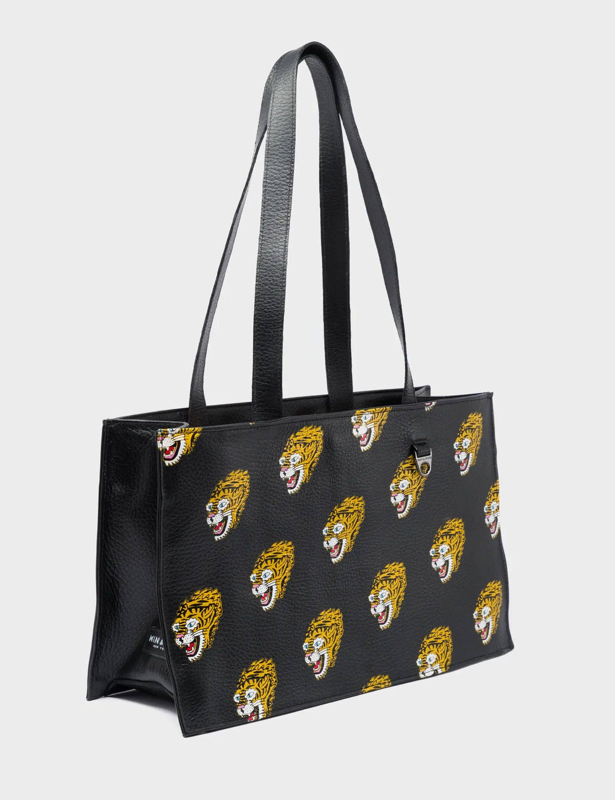Marko Small Black Leather Tote Bag - Blazing Tiger Print
