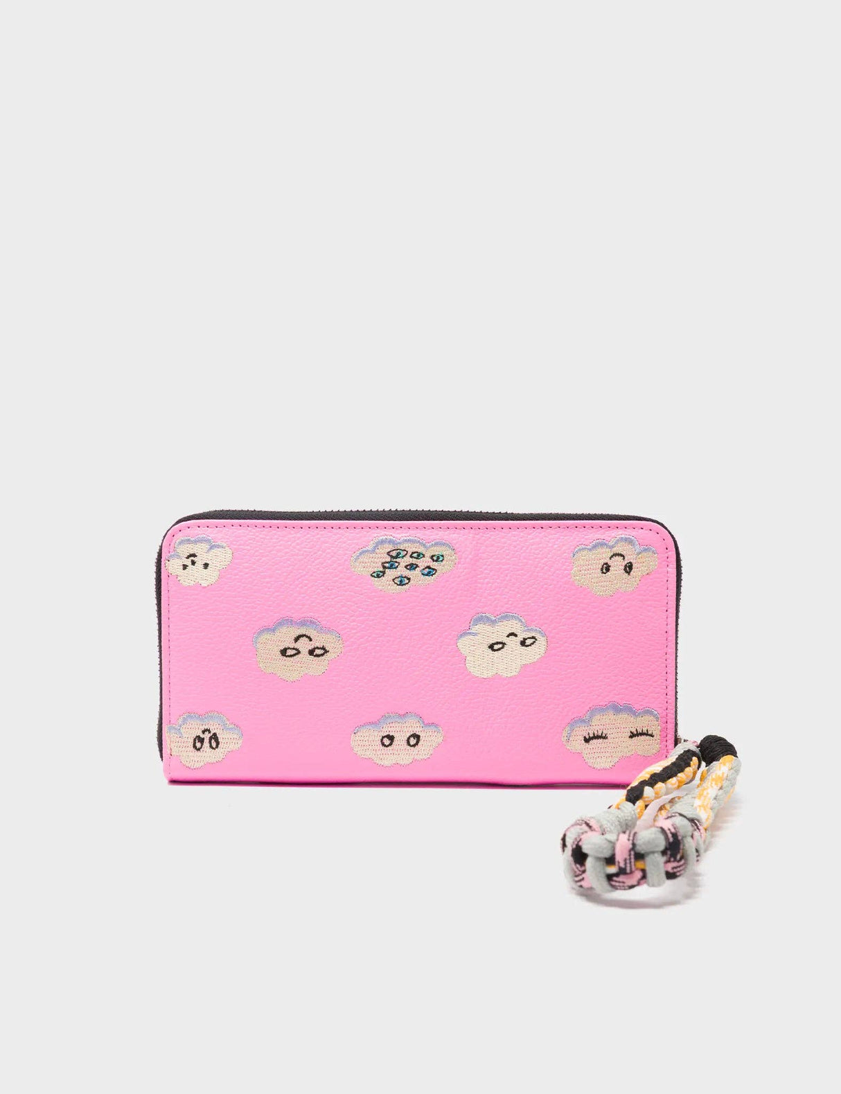Francis Bubblegum Pink Leather Wallet - Happy Clouds Embroidery
