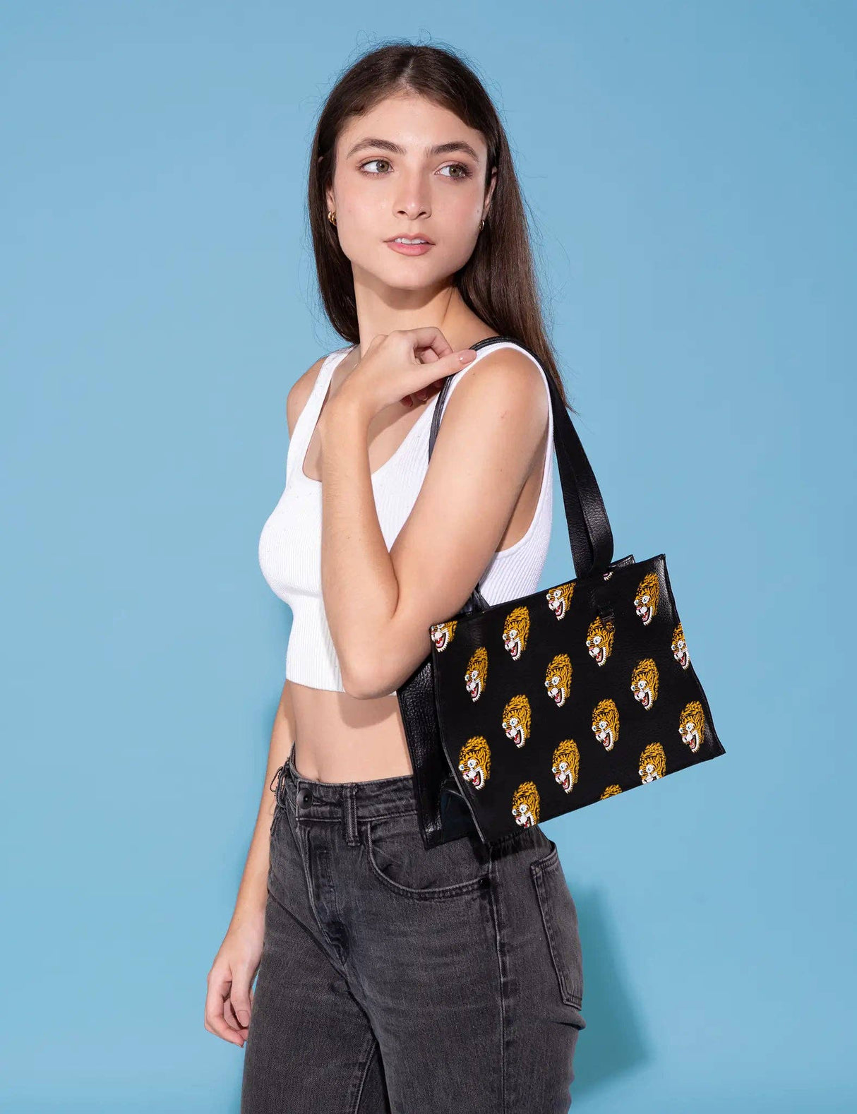 Marko Small Black Leather Tote Bag - Blazing Tiger Print