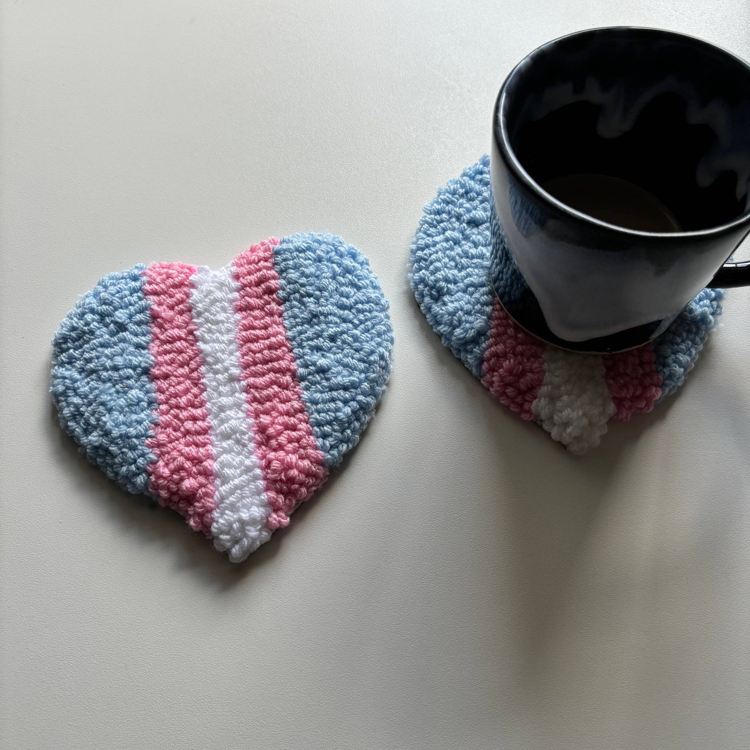 Trans Pride Heart Hand-Tufted Punch Needle Mug Rug Coaster