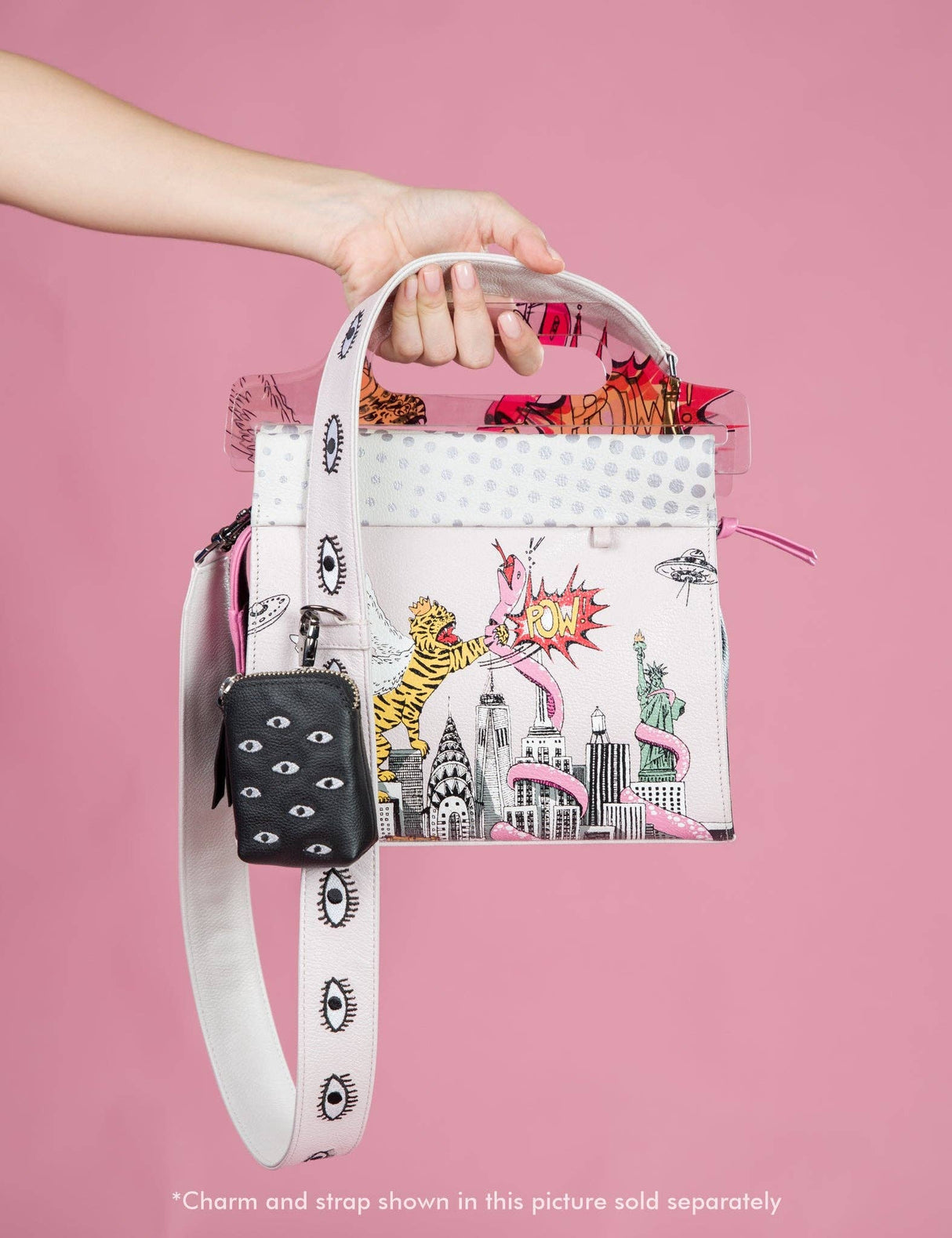 Florence Pouch Charm - Black Leather Keychain Eyes Embroidery