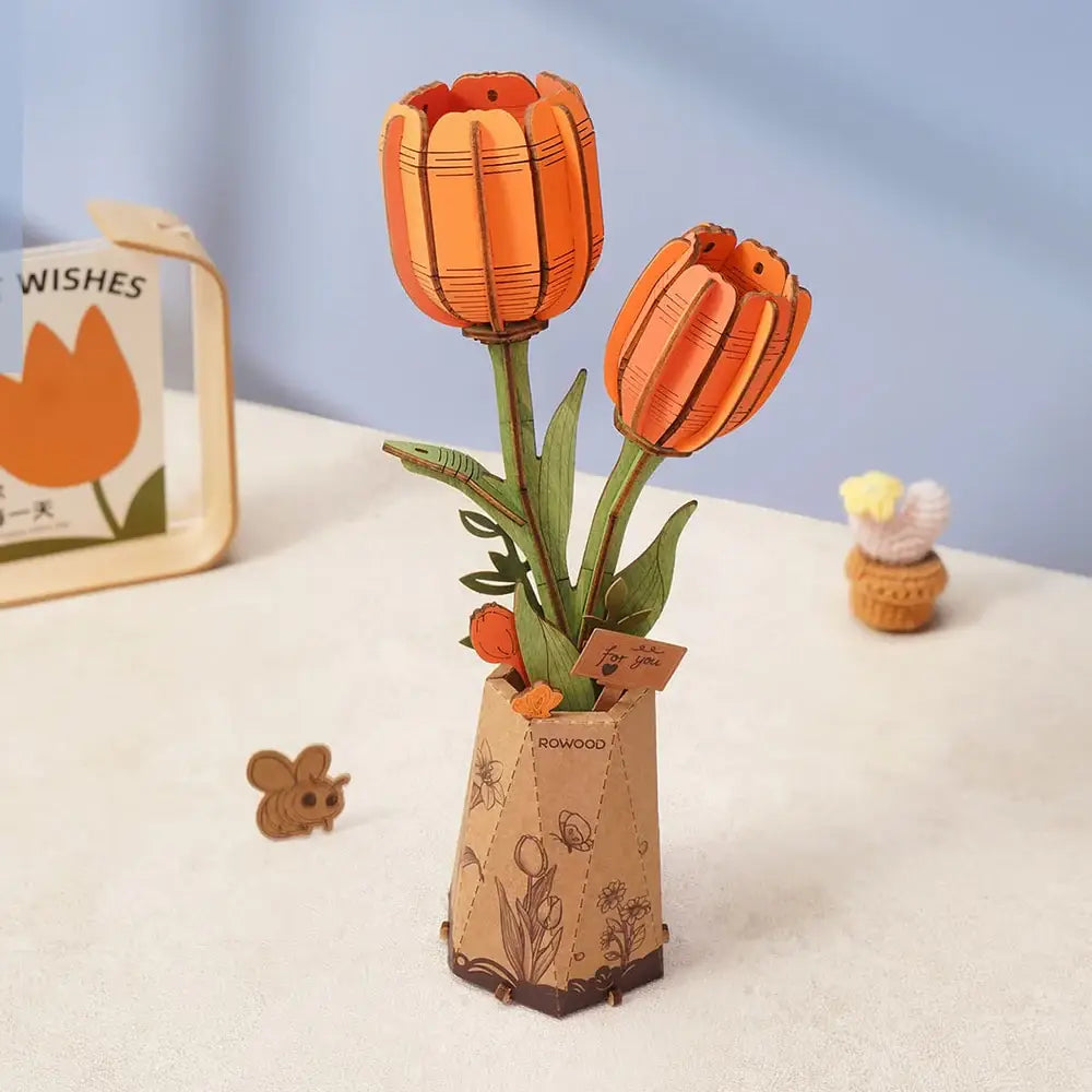 TW081 Orange Tulip Rowood DIY Wooden Flower Bouquet 3D