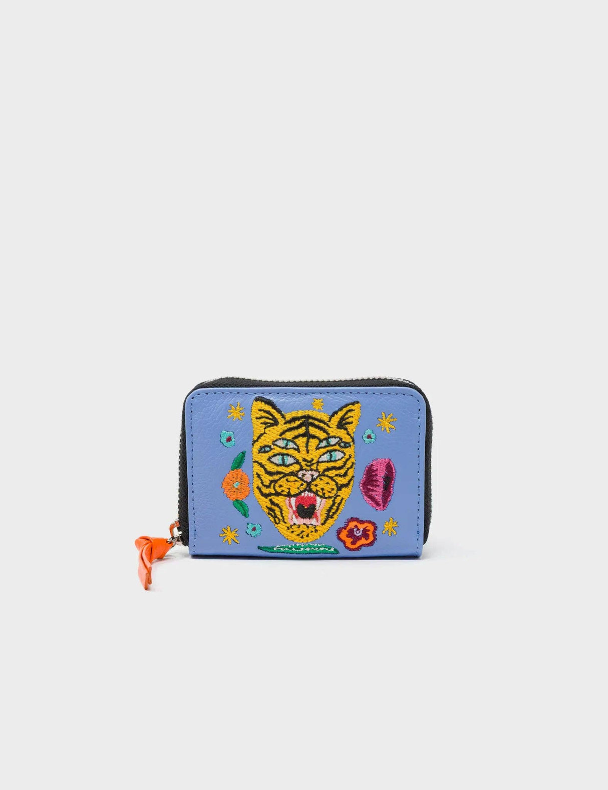 Frodo Vista Blue Leather Zip Around Wallet - Happy Tiger Embroidery