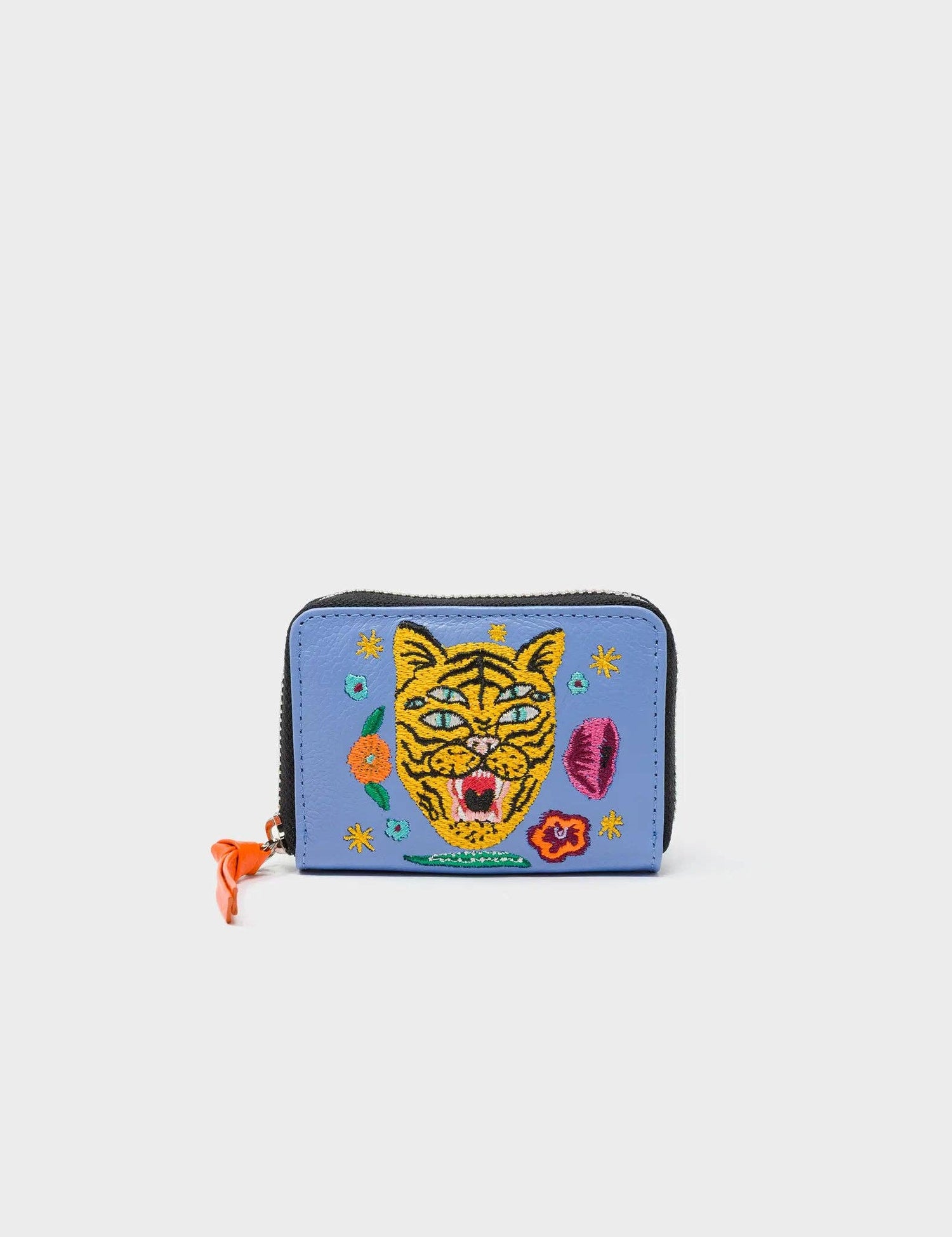 Frodo Vista Blue Leather Zip Around Wallet - Happy Tiger Embroidery