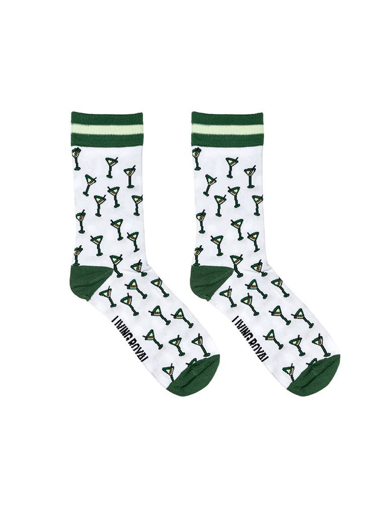 Women's Bamboo Crew Socks - Martini Glasses - Green & White