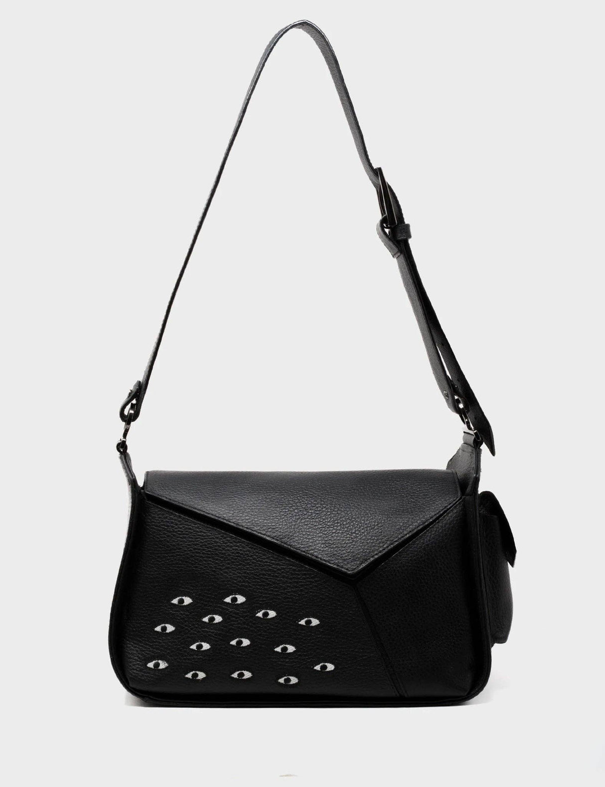 Houston Black Leather Shoulder Bag - Eyes Embroidery
