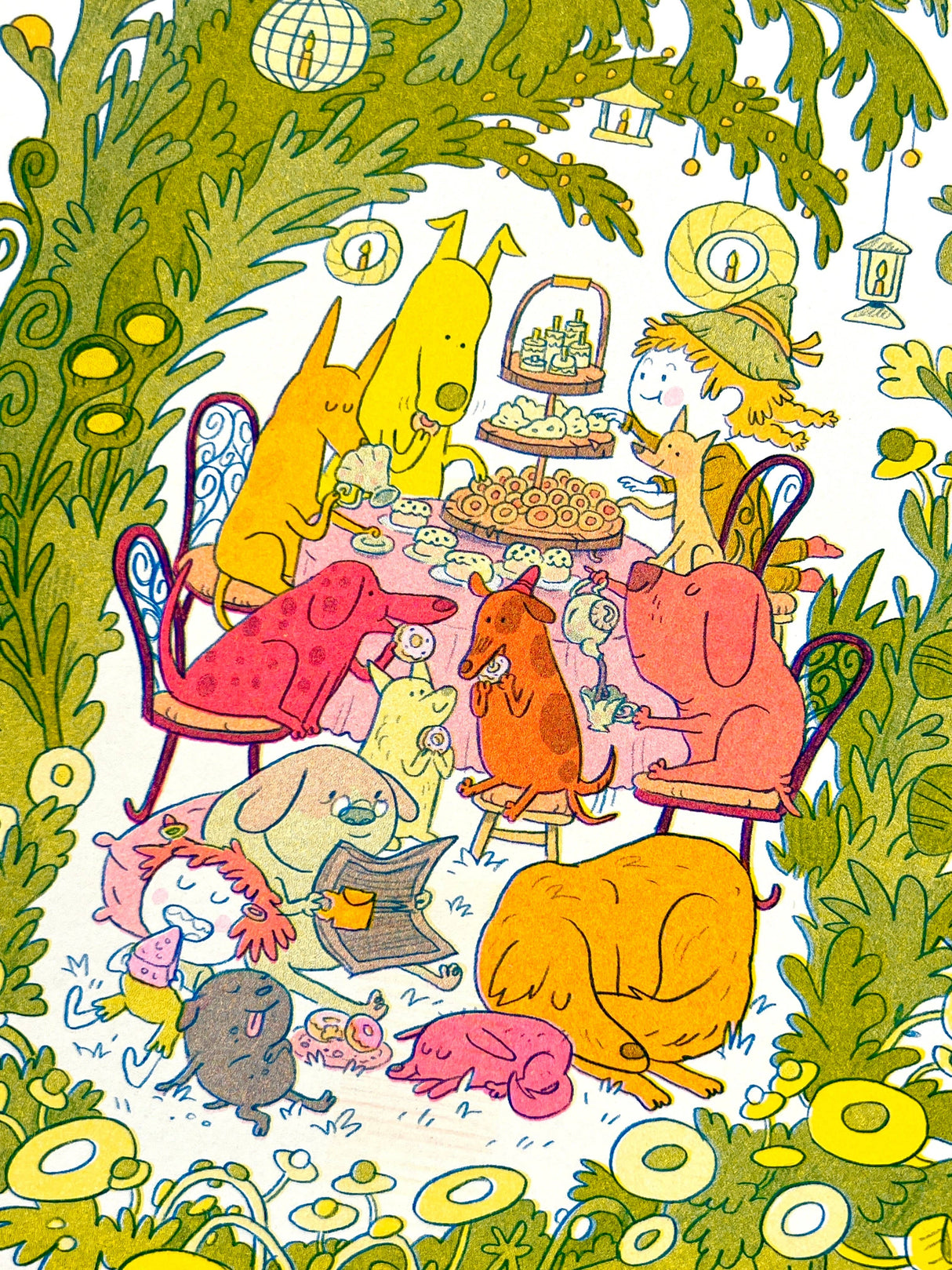 Doggy Tea Party Riso Art Print