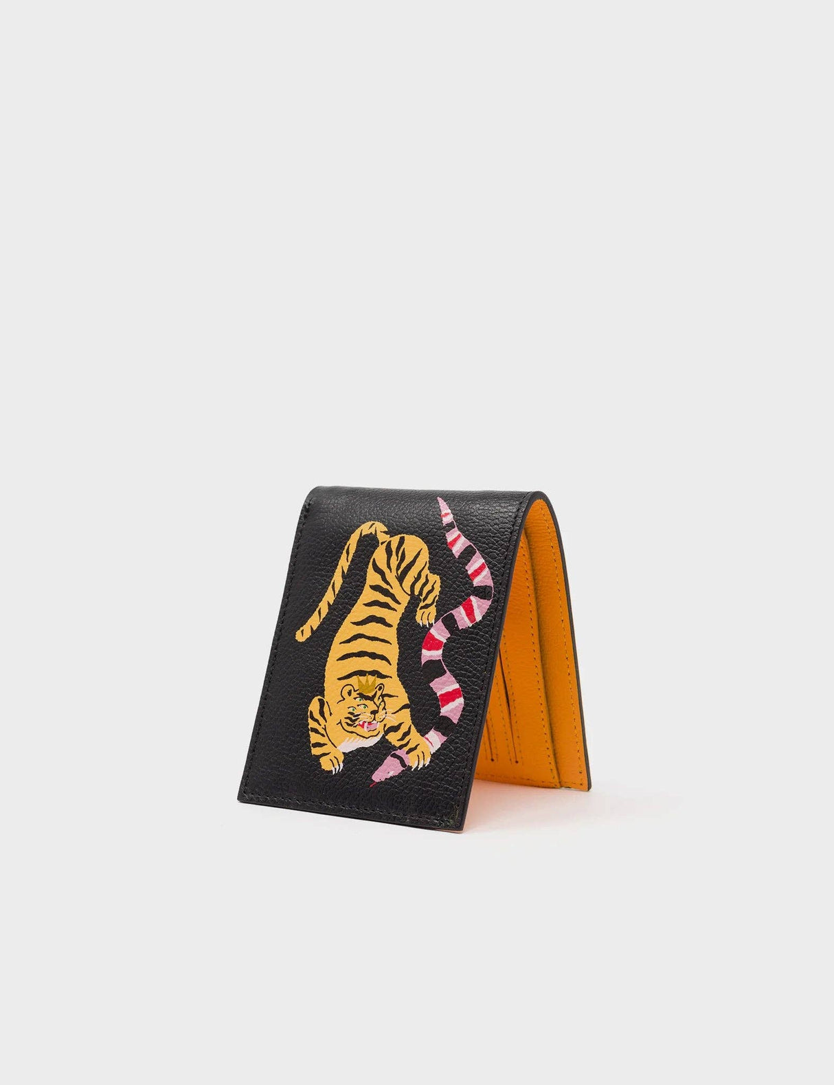 Felicia Black Leather Bifold Wallet - Tiger and Snake Print
