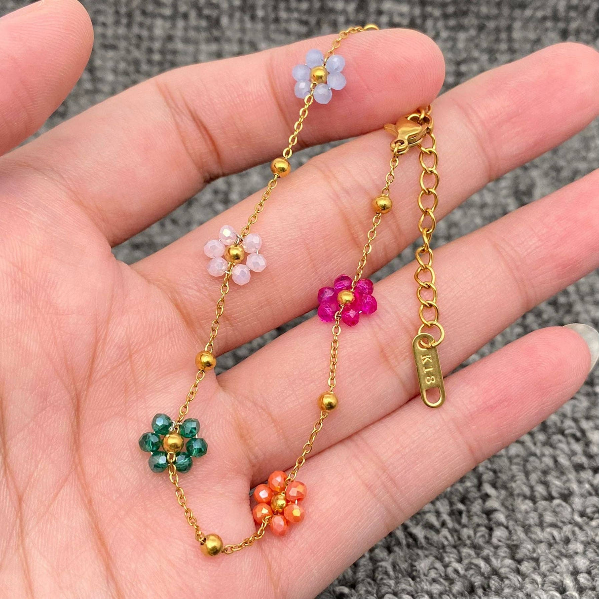 5 Color Glass Beaded Flowers 18K Gold Plated SS Bracelet -FGS