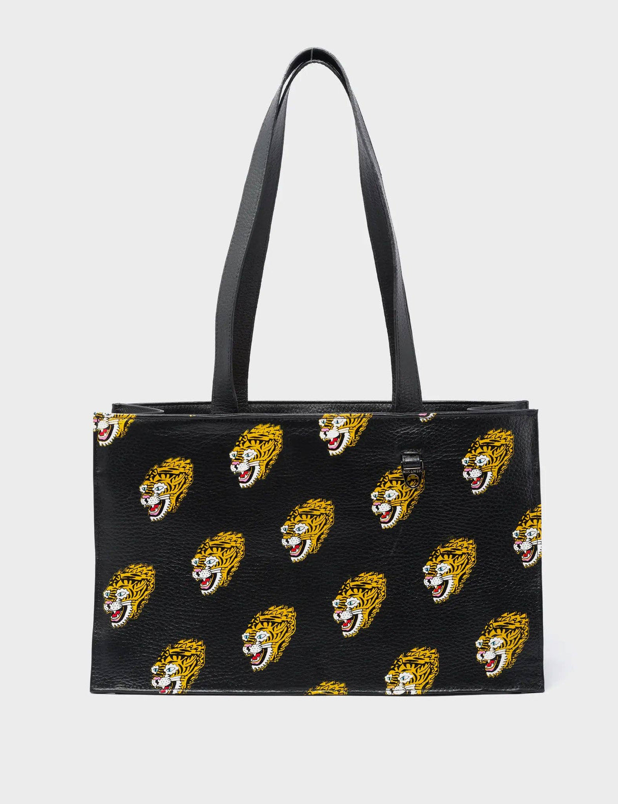 Marko Small Black Leather Tote Bag - Blazing Tiger Print