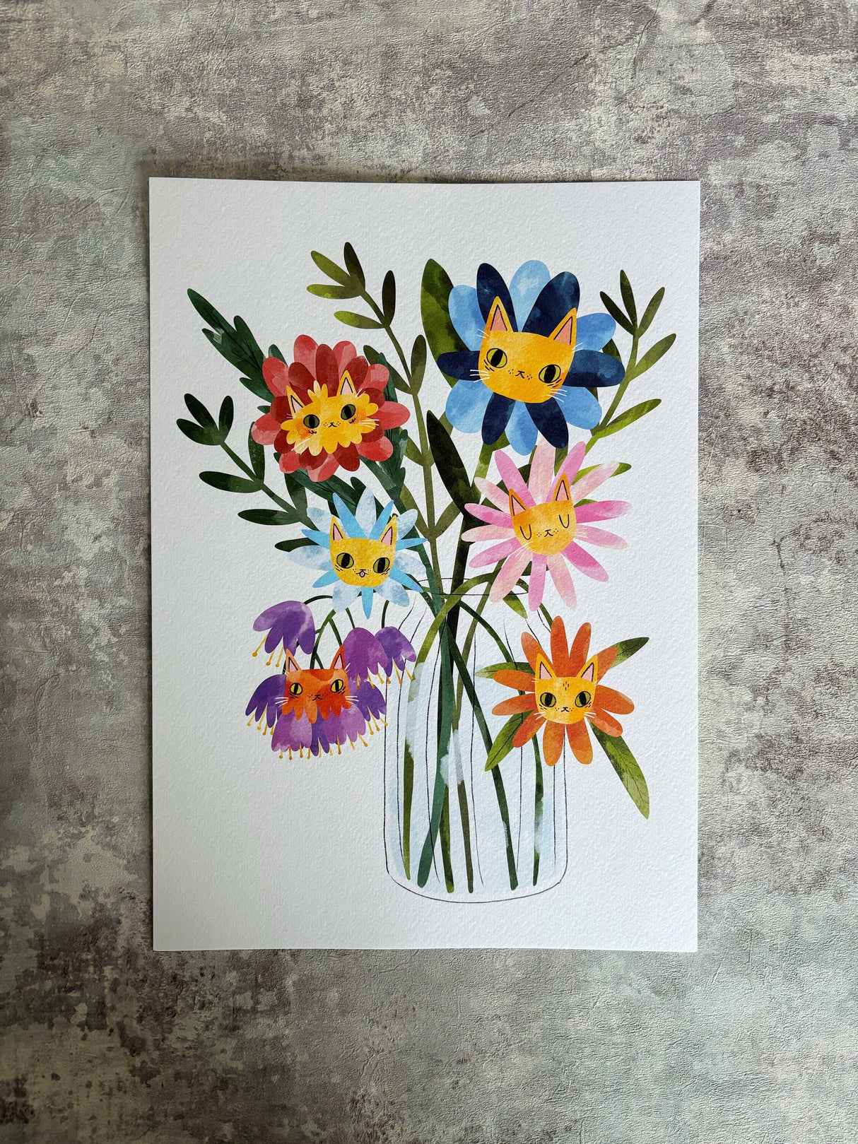 A3 Flower Cats Art Print, Cats and Flowers