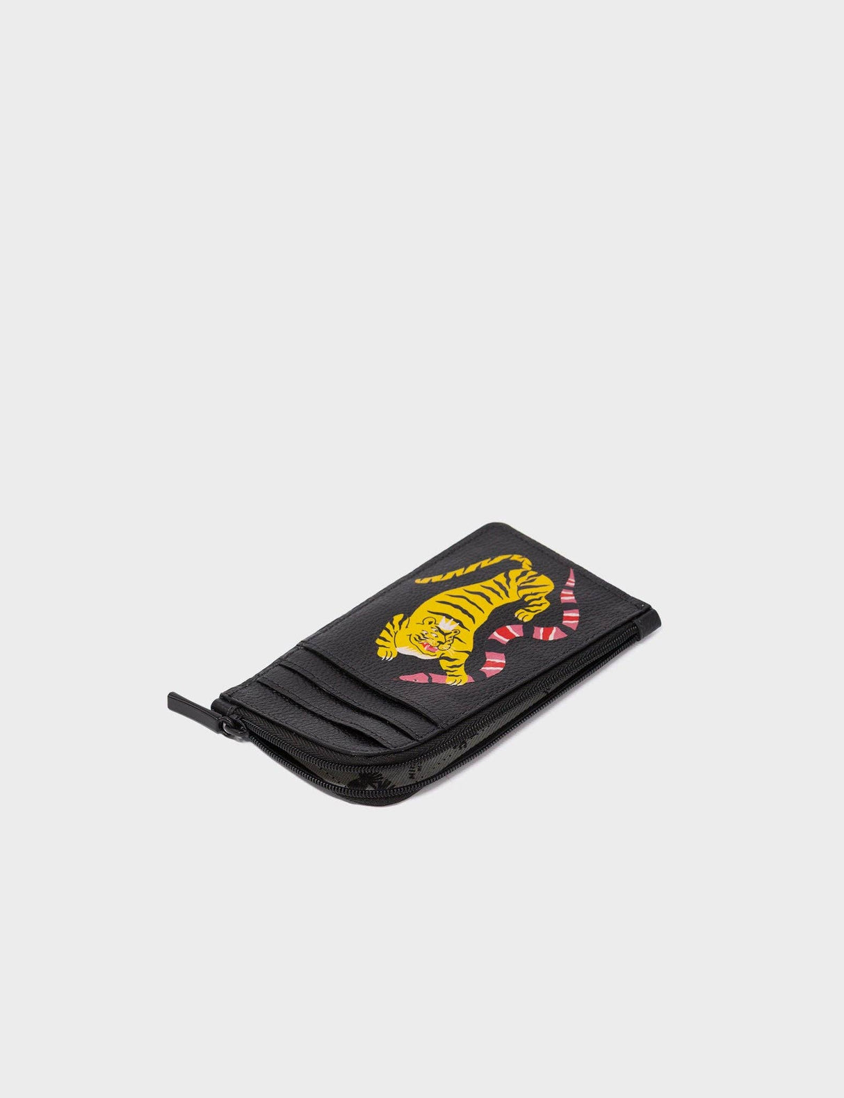 Fausto Black Leather Zip-around Cardholder - Tiger and Snake Design