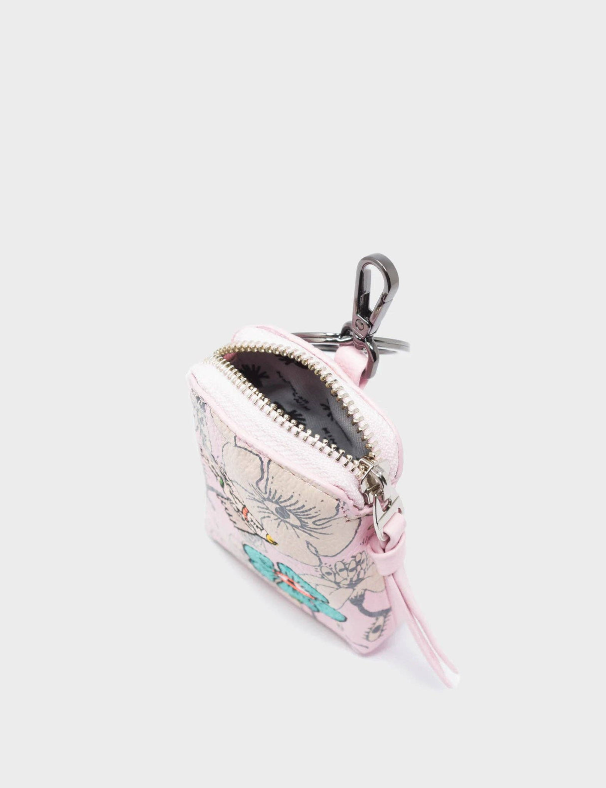 Florence Pouch Charm Parfait Pink Leather Keychain Flowers Print